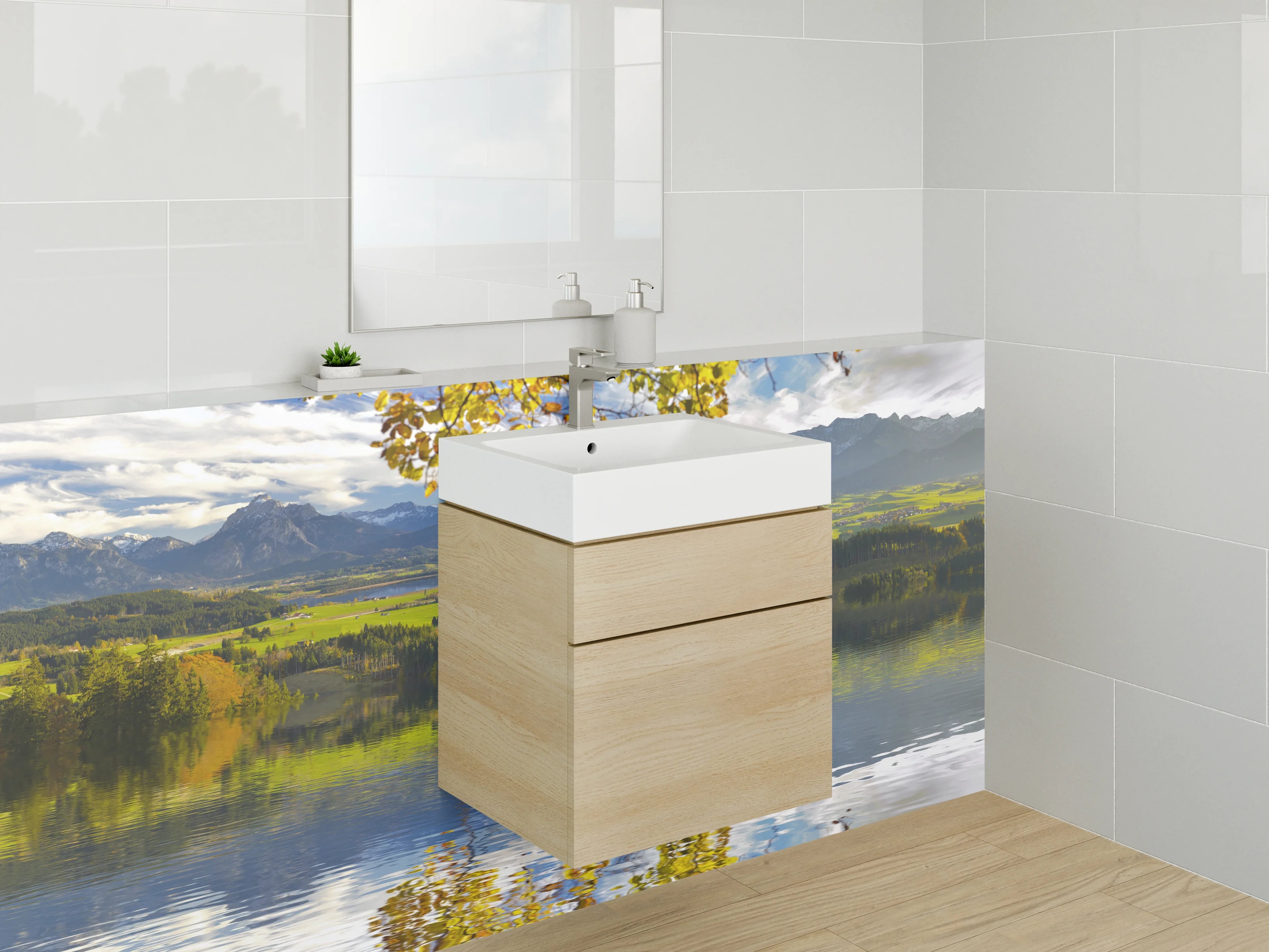Waschbecken-Rückwand - Alpensee Panorama mit Herbstfarben