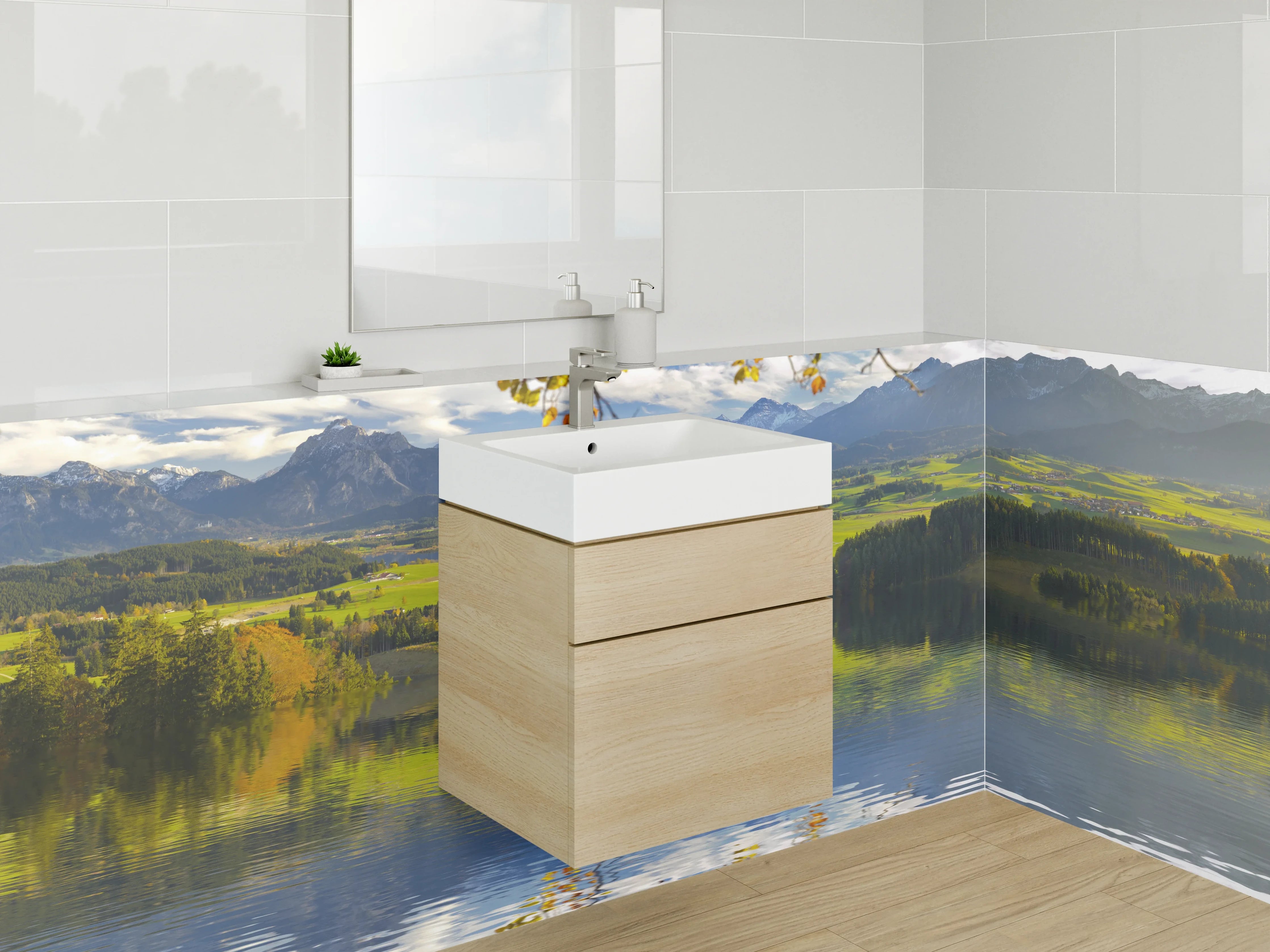 Waschbecken-Rückwand - Alpensee Panorama mit Herbstfarben