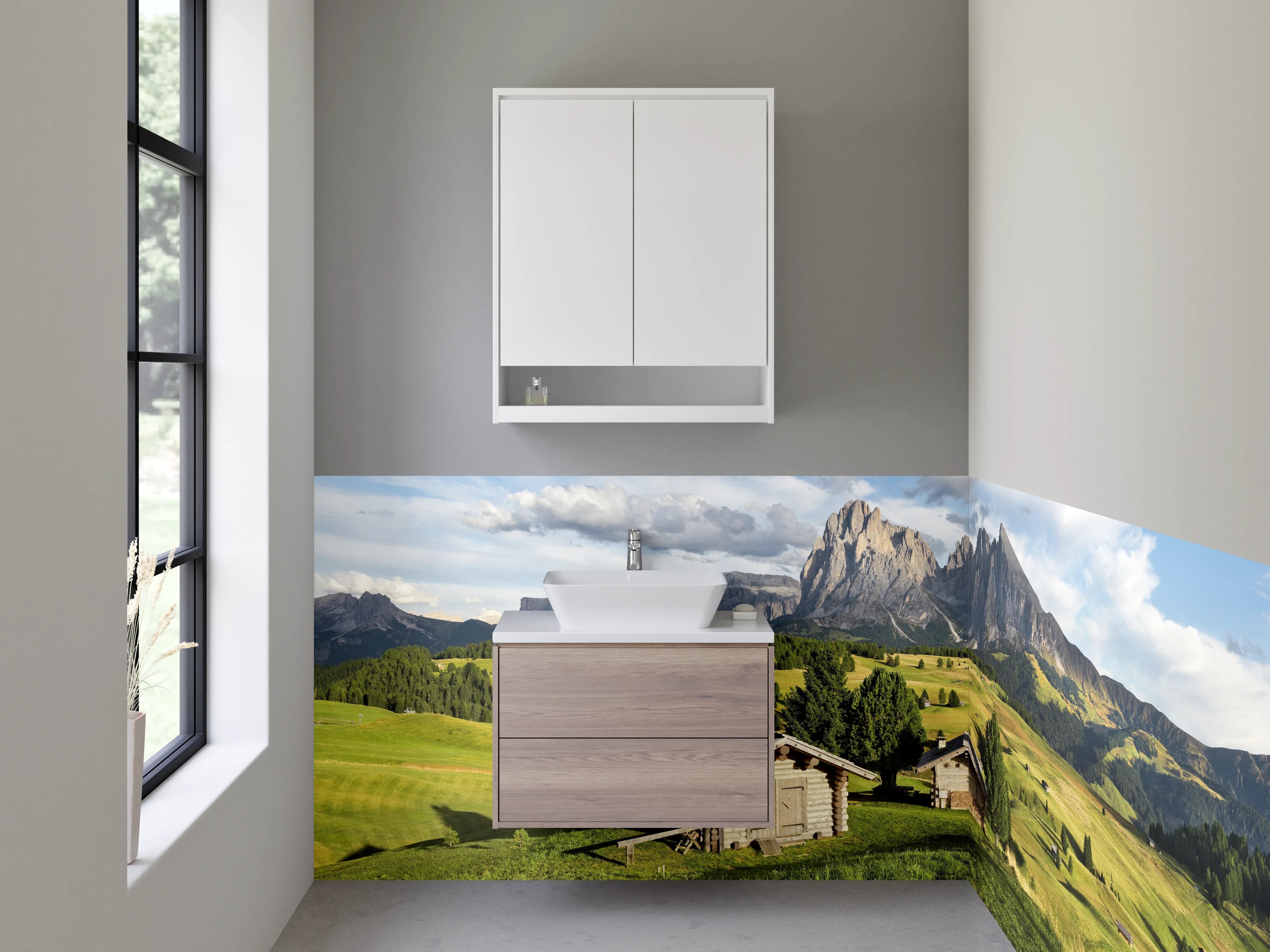 Waschbecken-Rückwand - Alpines Bergland mit Hütten und grünen Wiesen