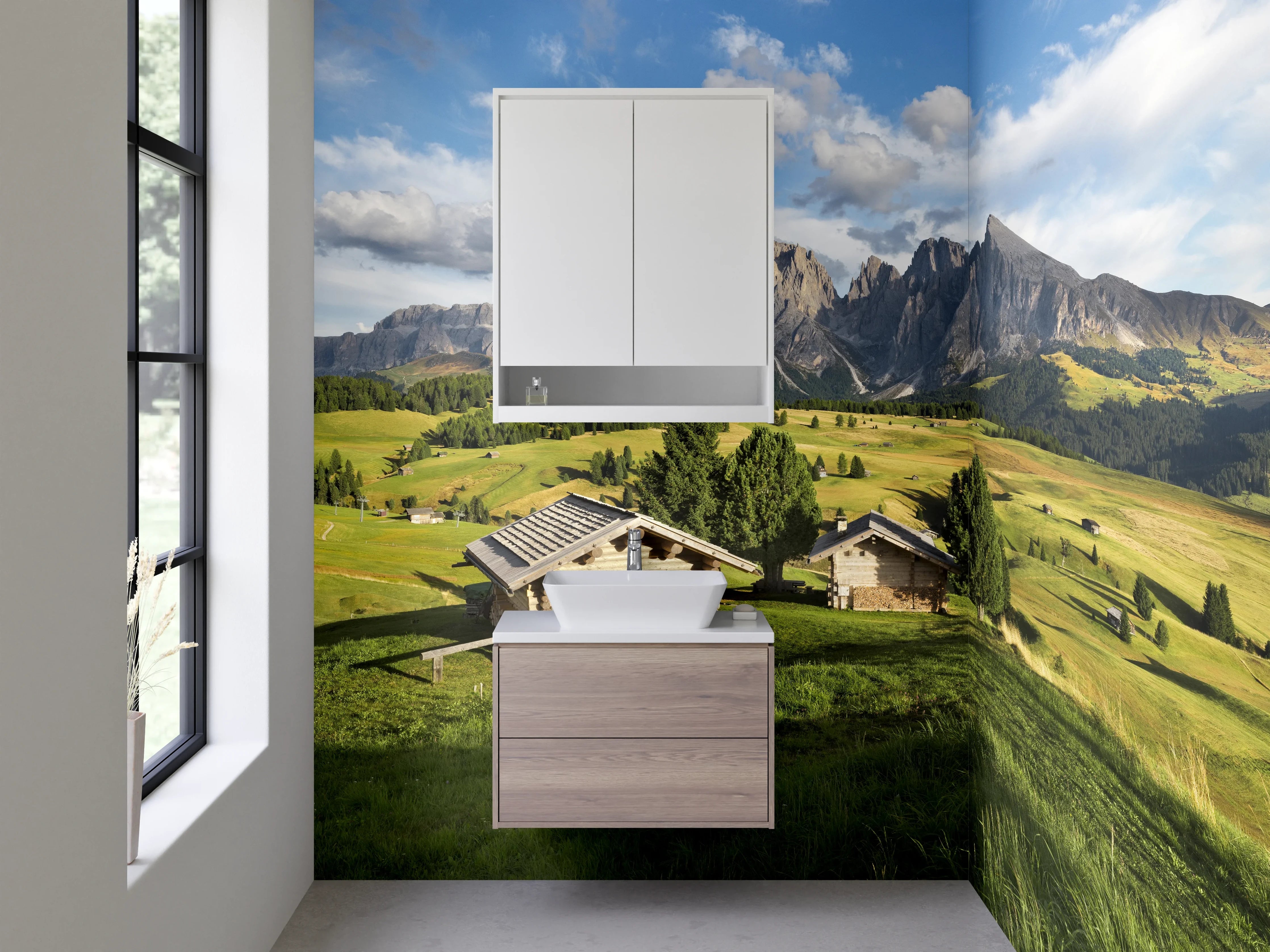 Waschbecken-Rückwand - Alpines Bergland mit Hütten und grünen Wiesen