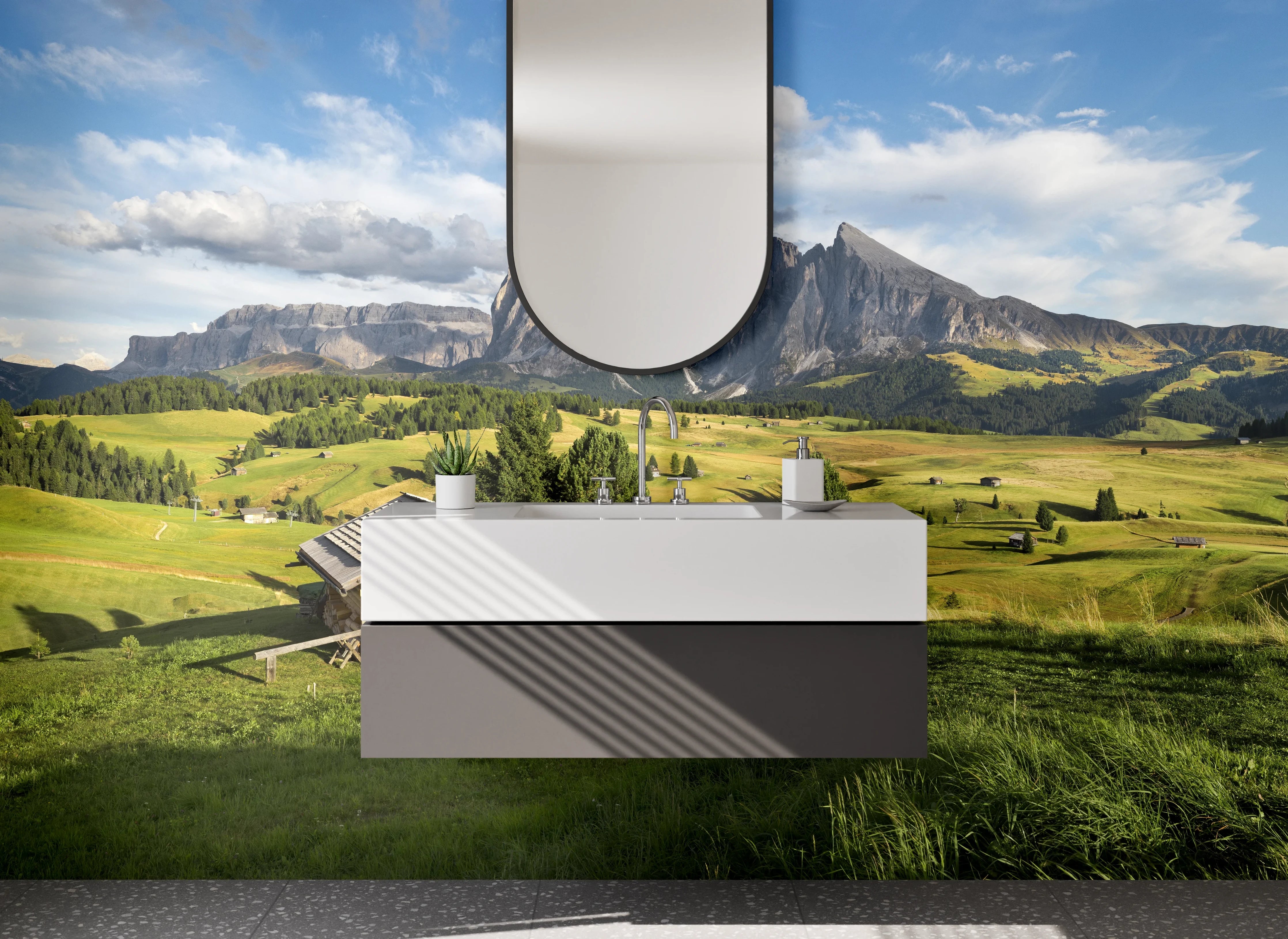 Waschbecken-Rückwand - Alpines Bergland mit Hütten und grünen Wiesen