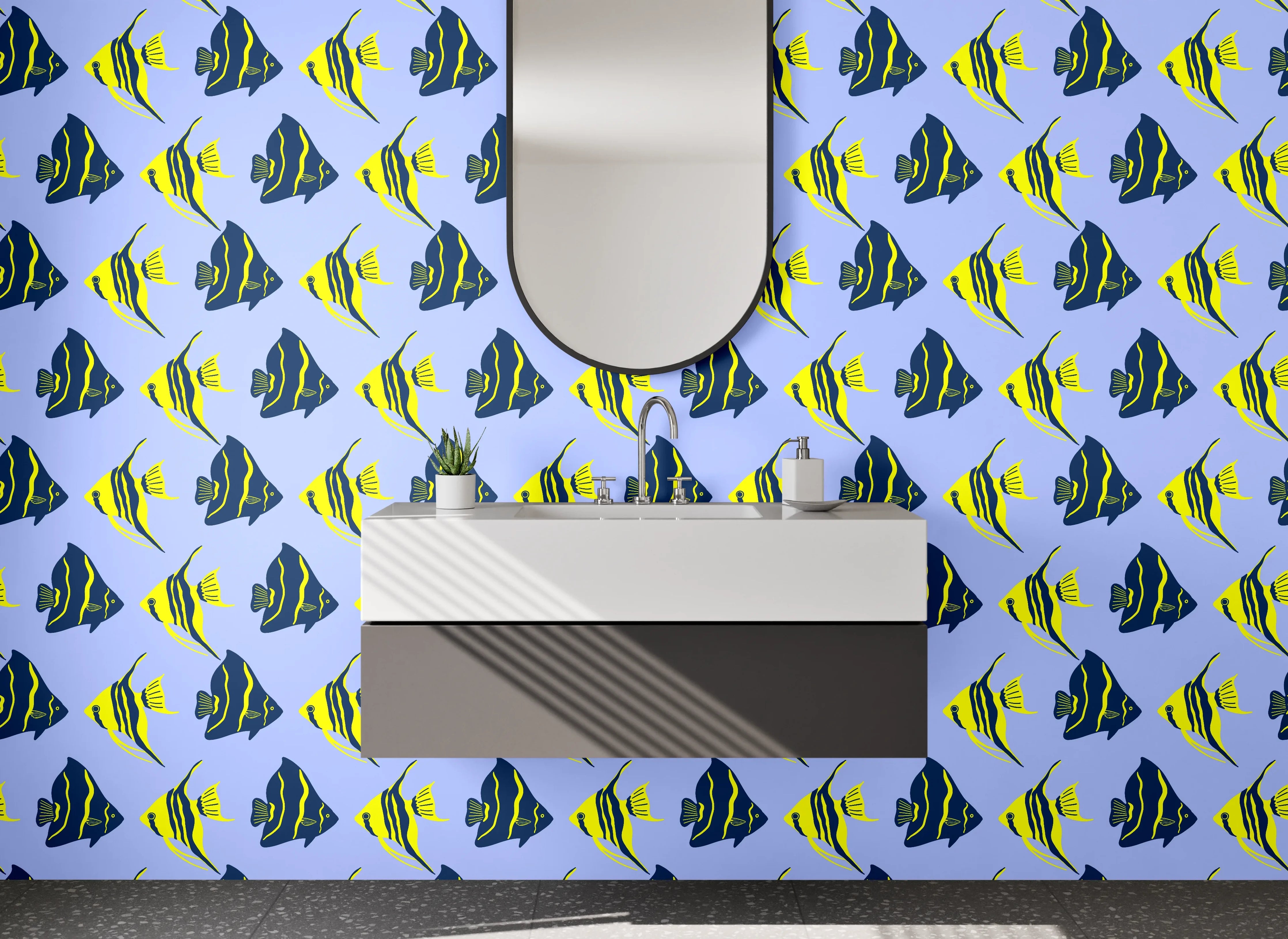 Waschbecken-Rückwand - Angelfisch-Muster auf Blau