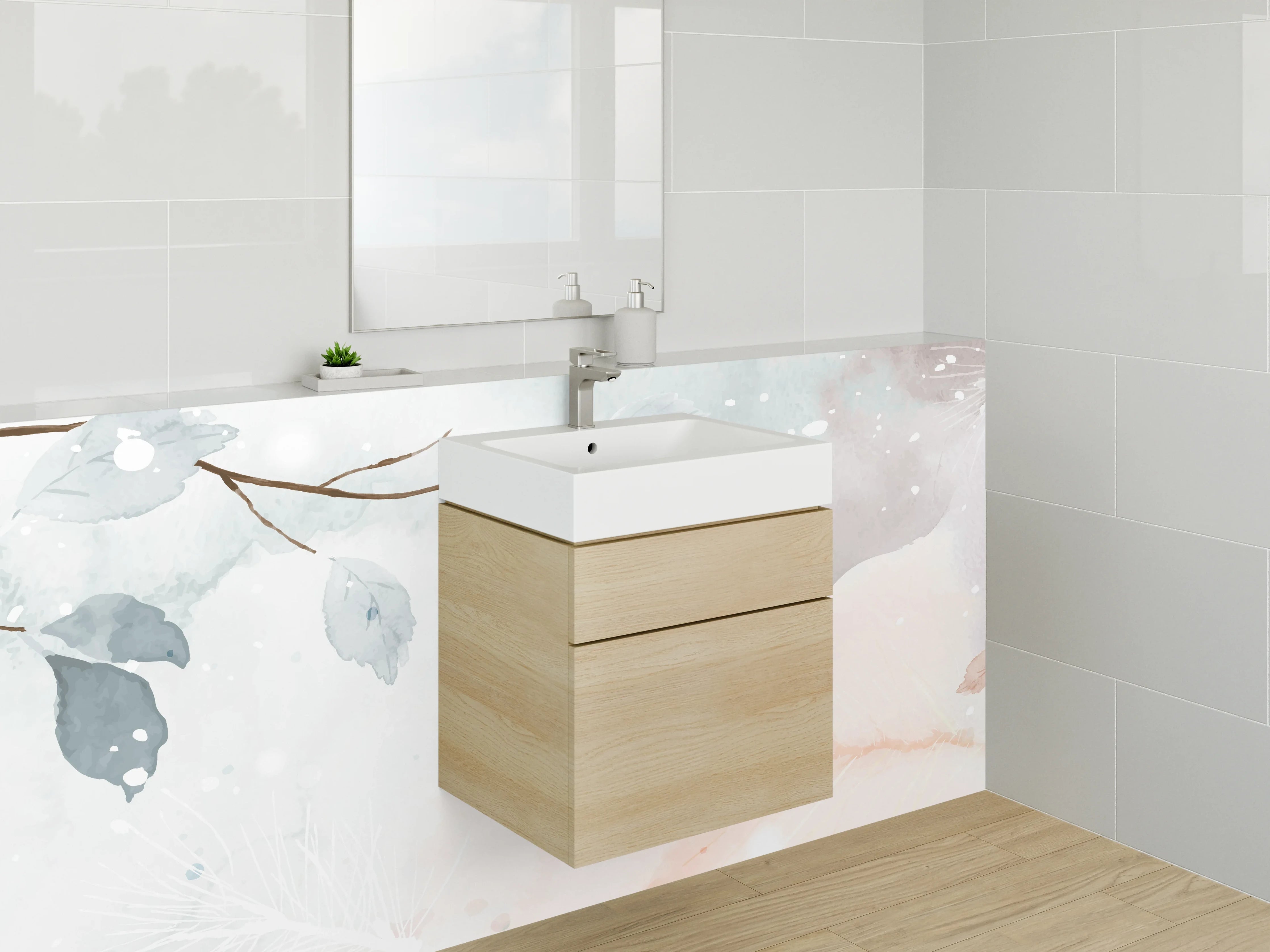 Waschbecken-Rückwand - Aquarell Äste und Blätter Pastell