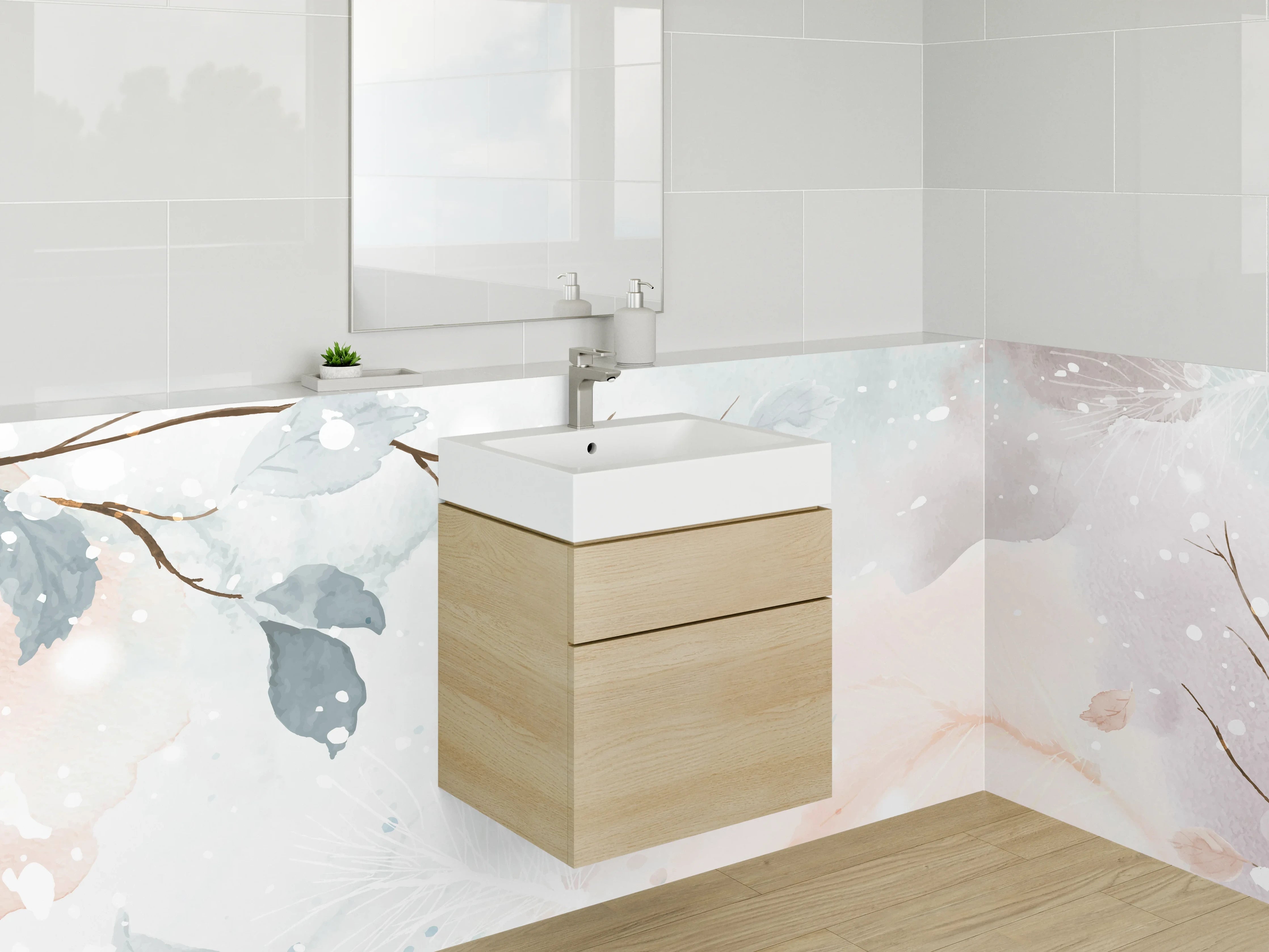 Waschbecken-Rückwand - Aquarell Äste und Blätter Pastell
