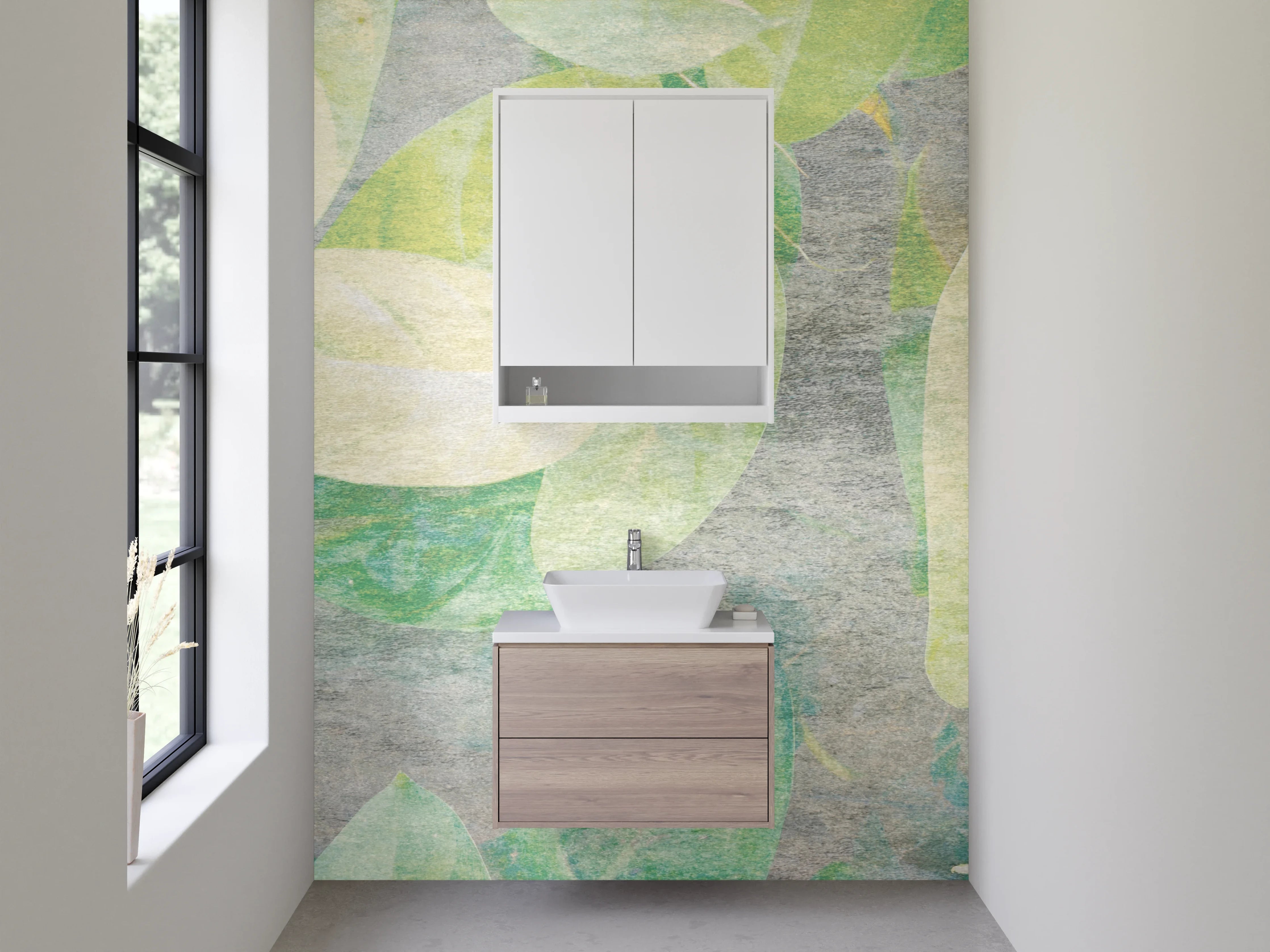 Waschbecken-Rückwand - Aquarell Blätter Grün Beige Wandbild