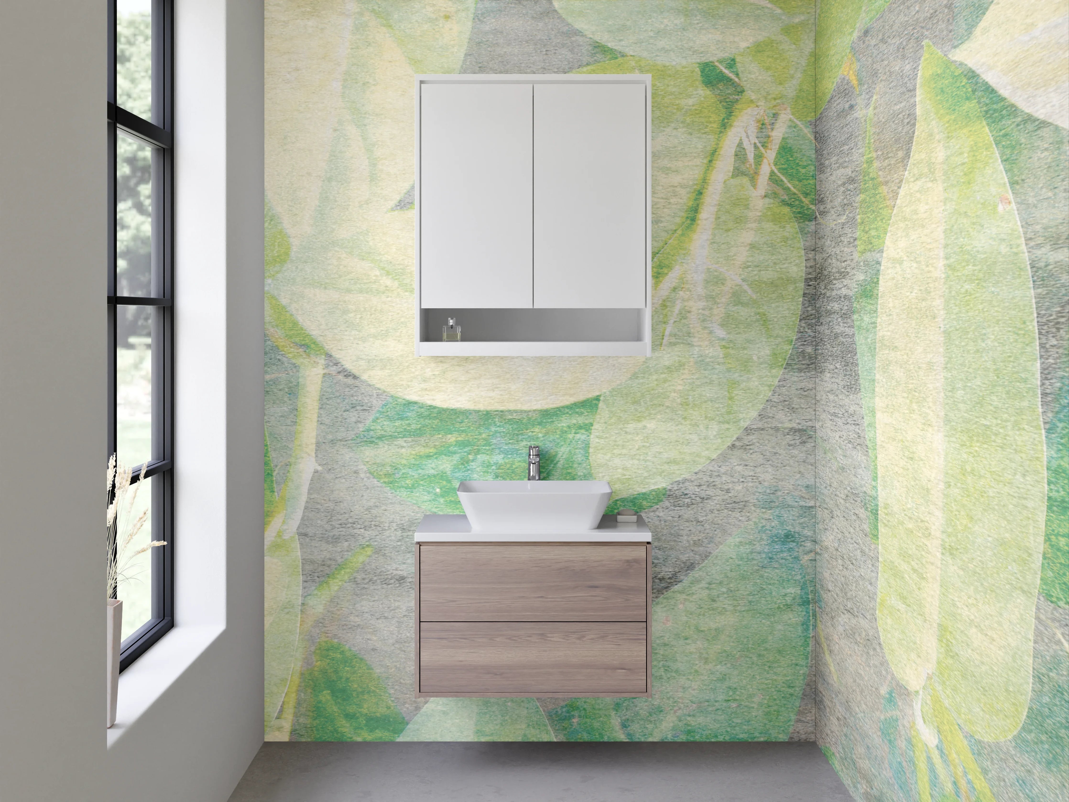 Waschbecken-Rückwand - Aquarell Blätter Grün Beige Wandbild