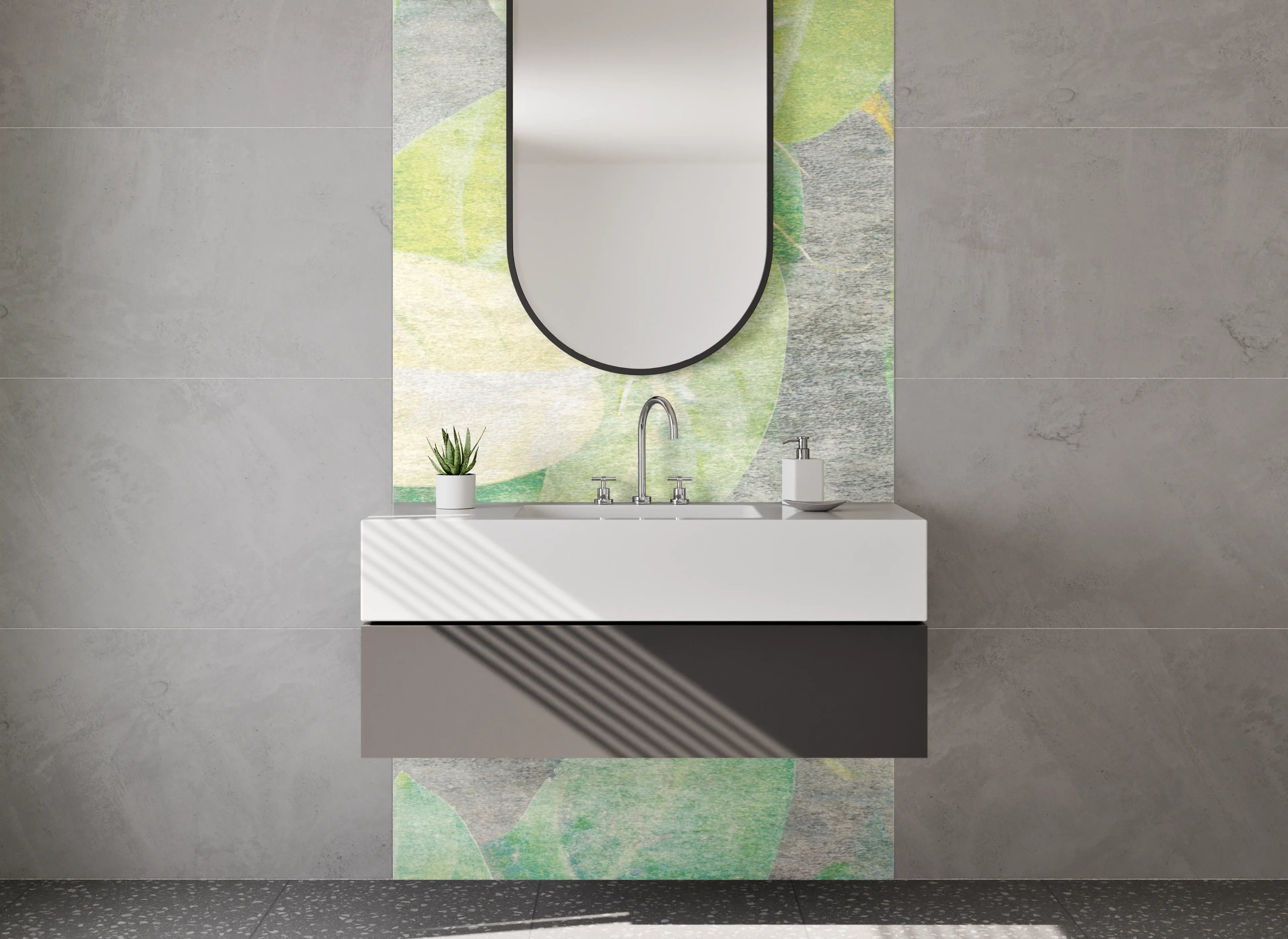 Waschbecken-Rückwand - Aquarell Blätter Grün Beige Wandbild