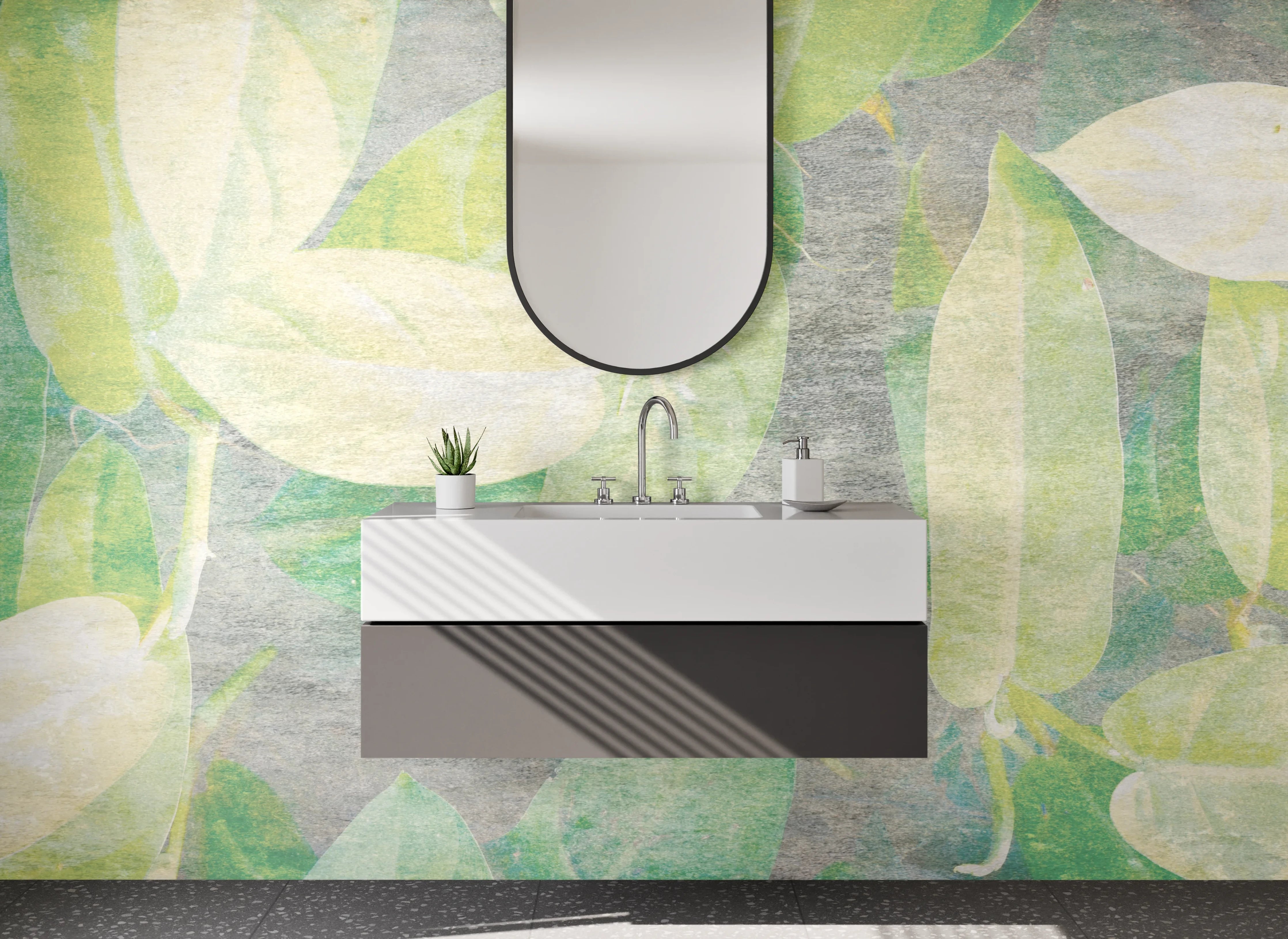 Waschbecken-Rückwand - Aquarell Blätter Grün Beige Wandbild