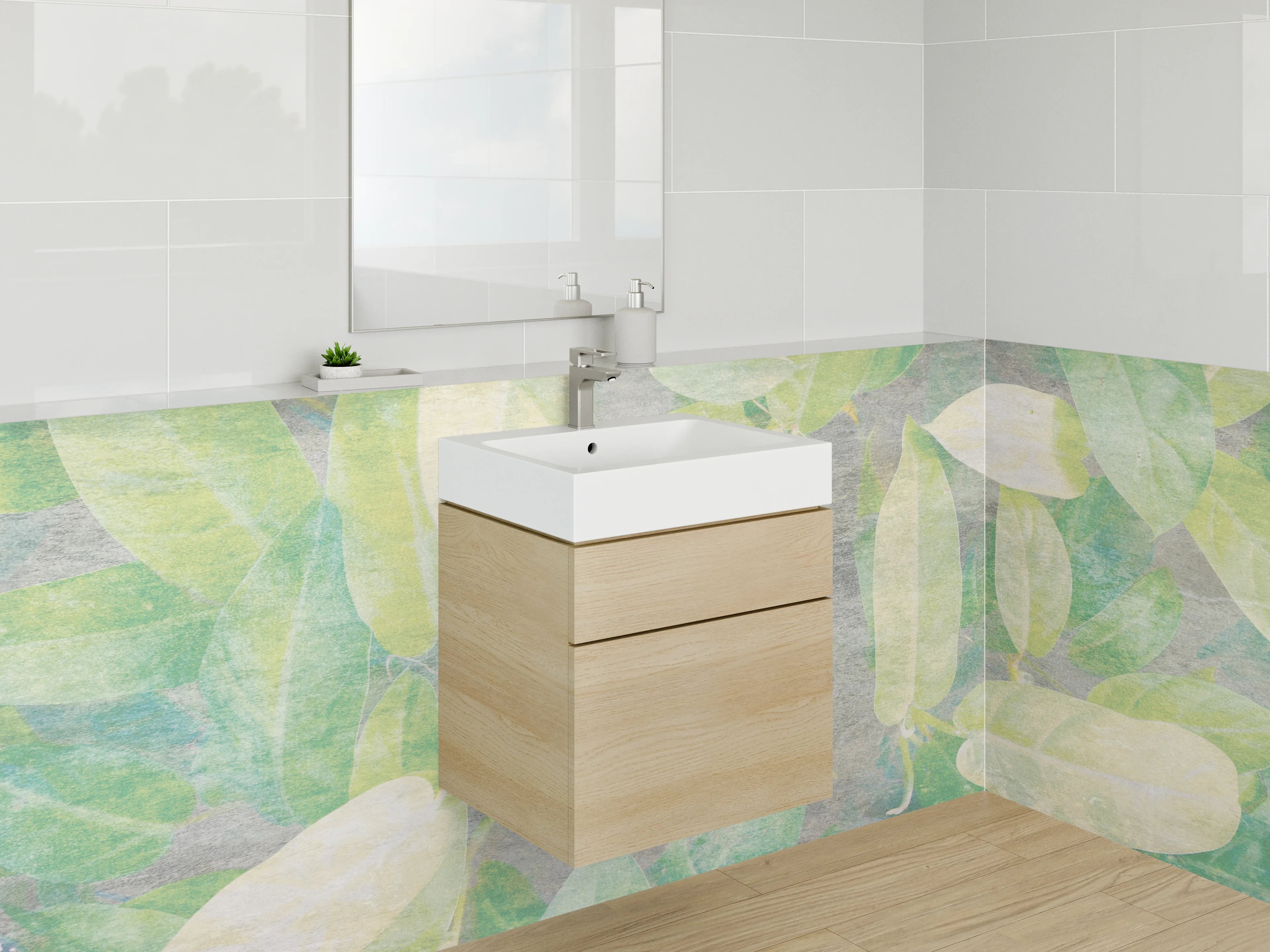 Waschbecken-Rückwand - Aquarell Blätter Grün Beige Wandbild