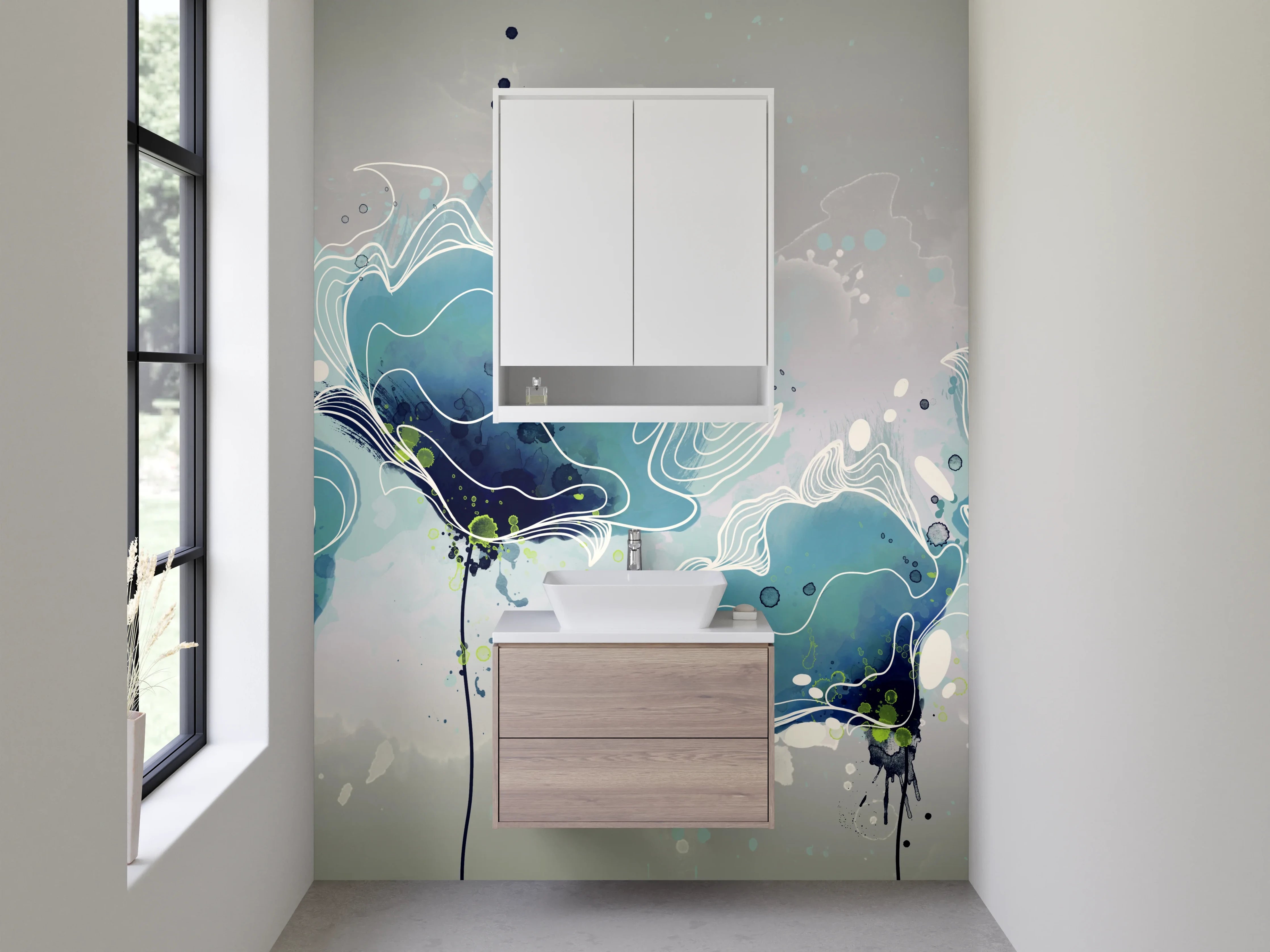 Waschbecken-Rückwand - Aquarell Blau Blumenranken Illustration