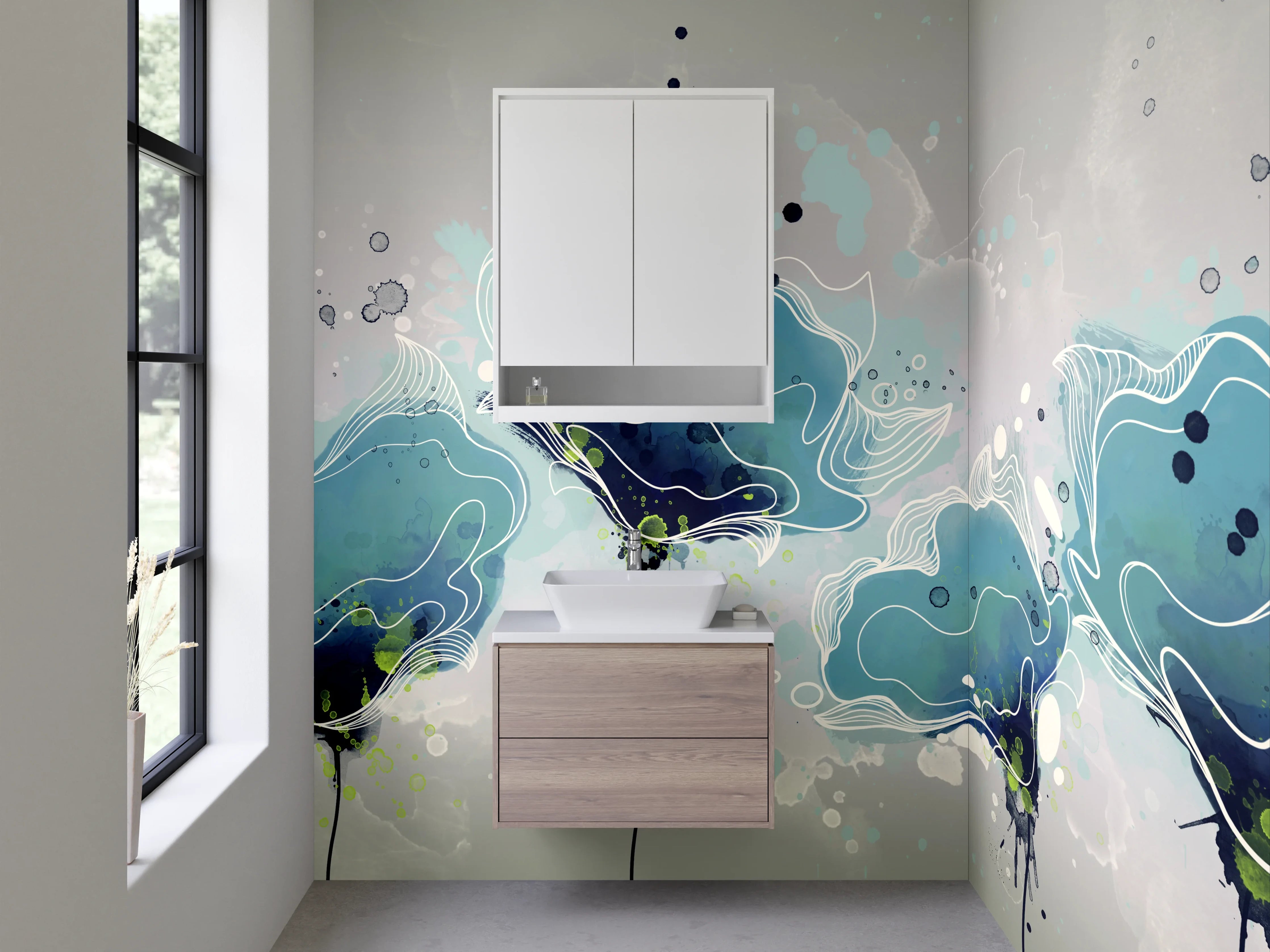 Waschbecken-Rückwand - Aquarell Blau Blumenranken Illustration