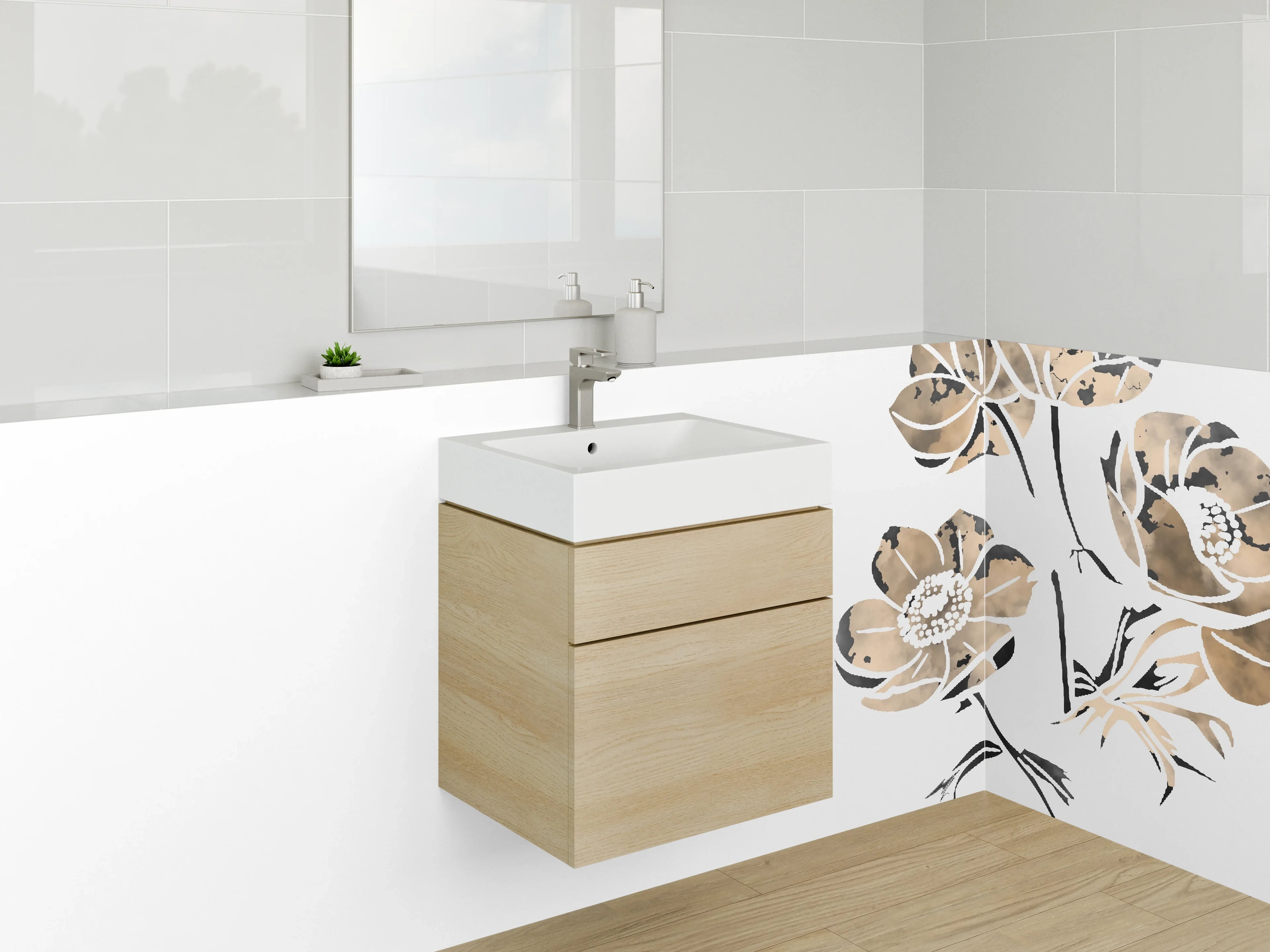 Waschbecken-Rückwand - Aquarell Blumen Beige Schwarz Weiß