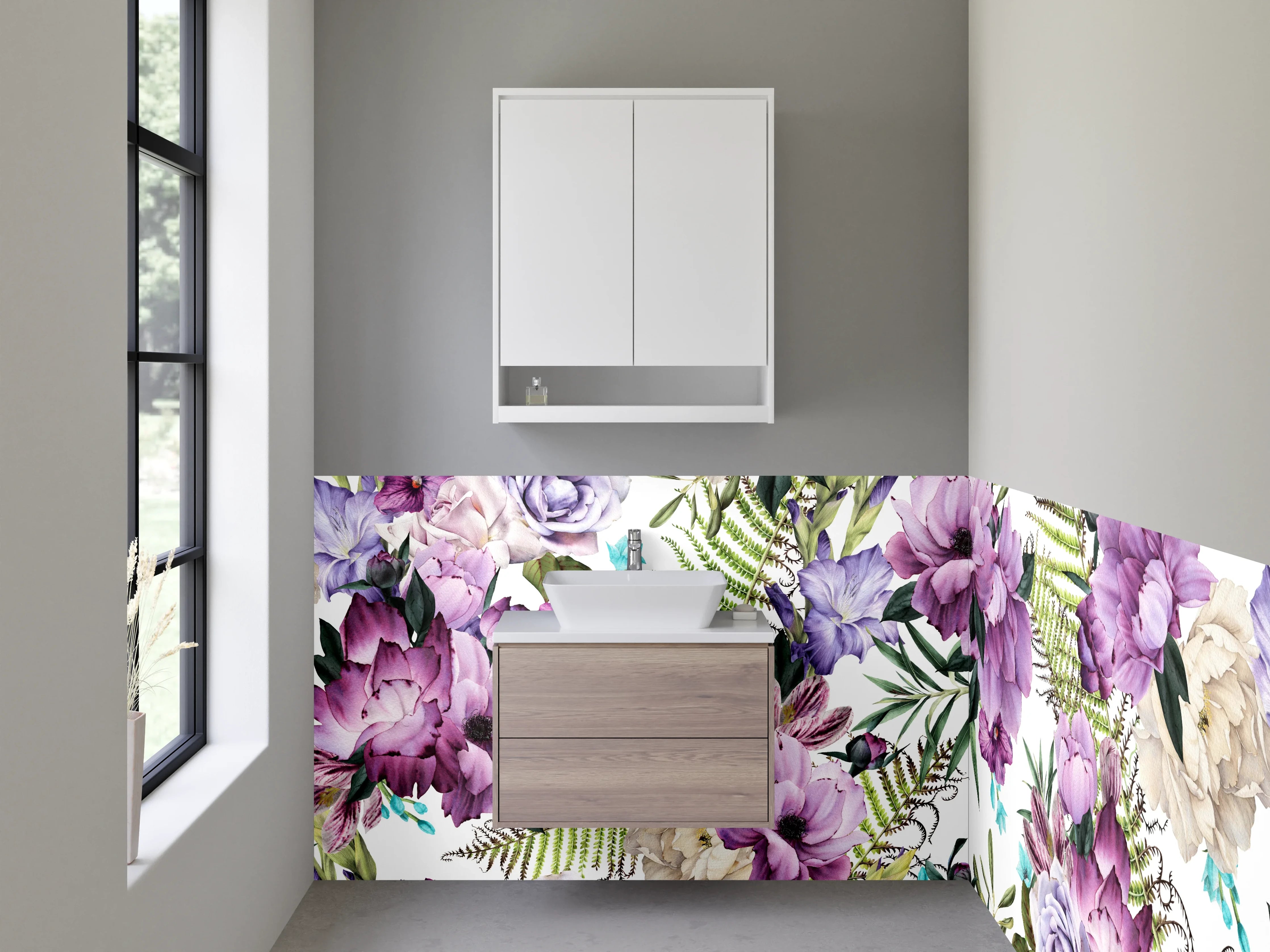 Waschbecken-Rückwand - Aquarell Blumen Lila Beige