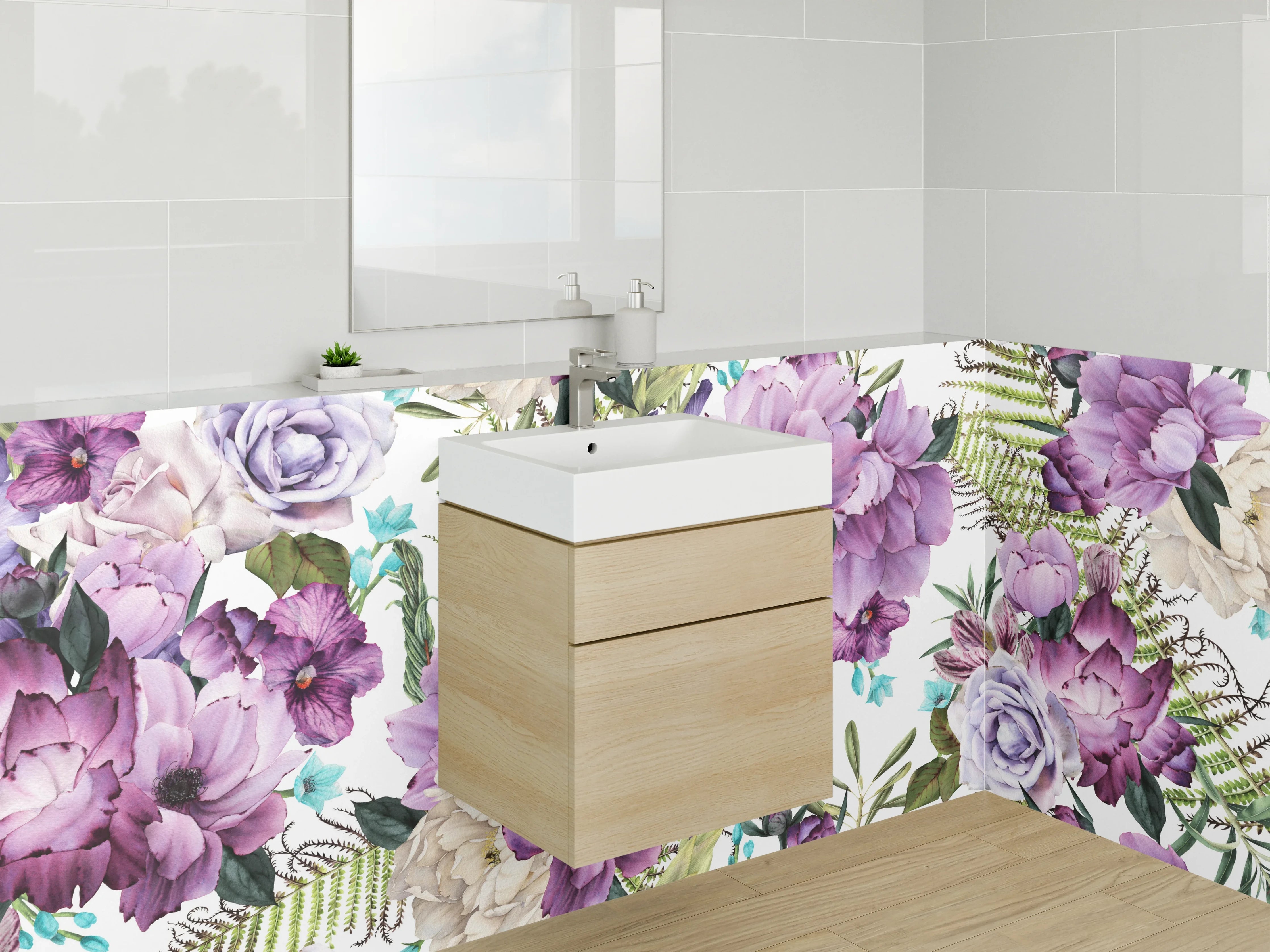Waschbecken-Rückwand - Aquarell Blumen Lila Beige
