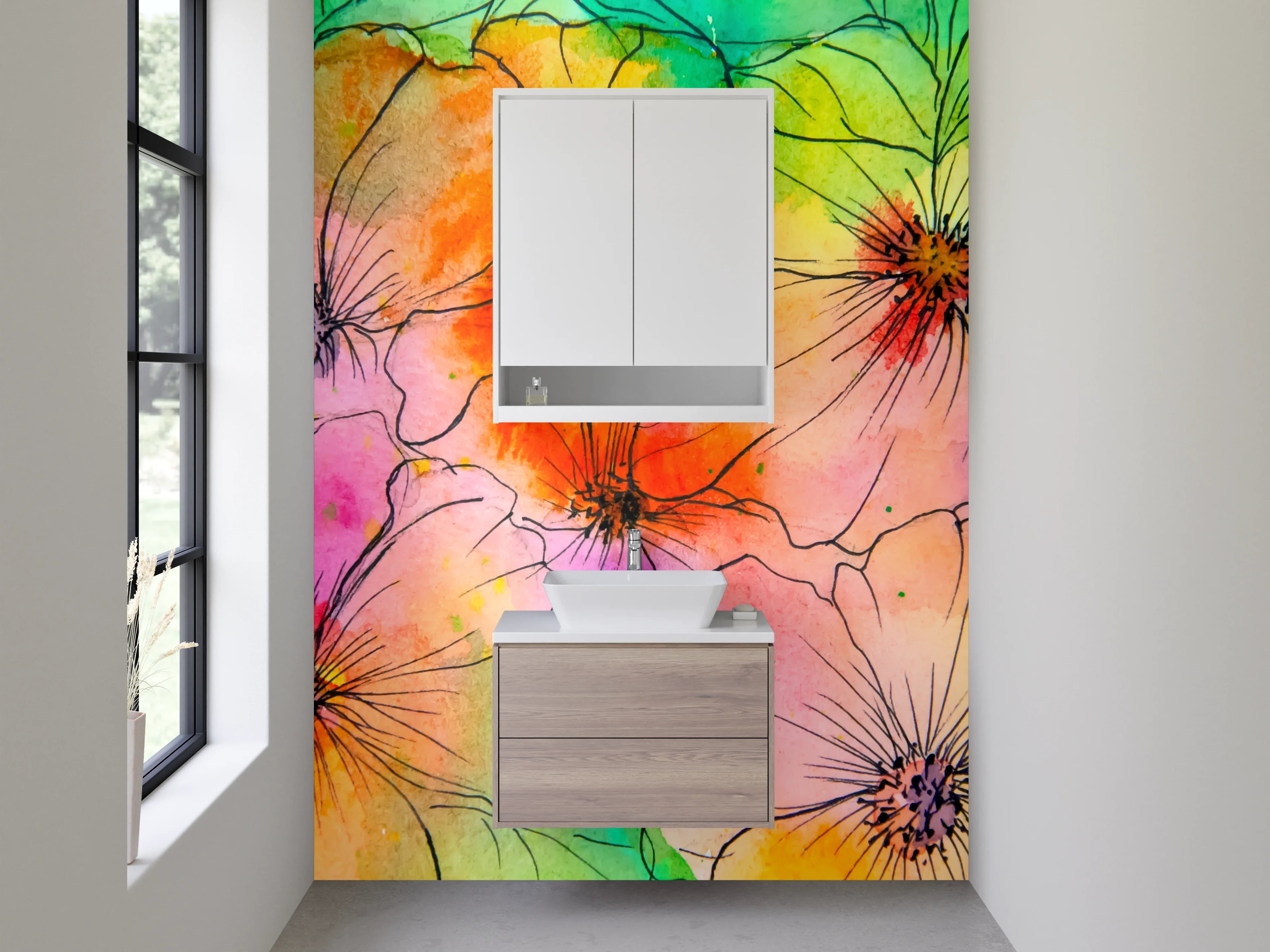 Waschbecken-Rückwand - Aquarell Blumen Lineart Bunt