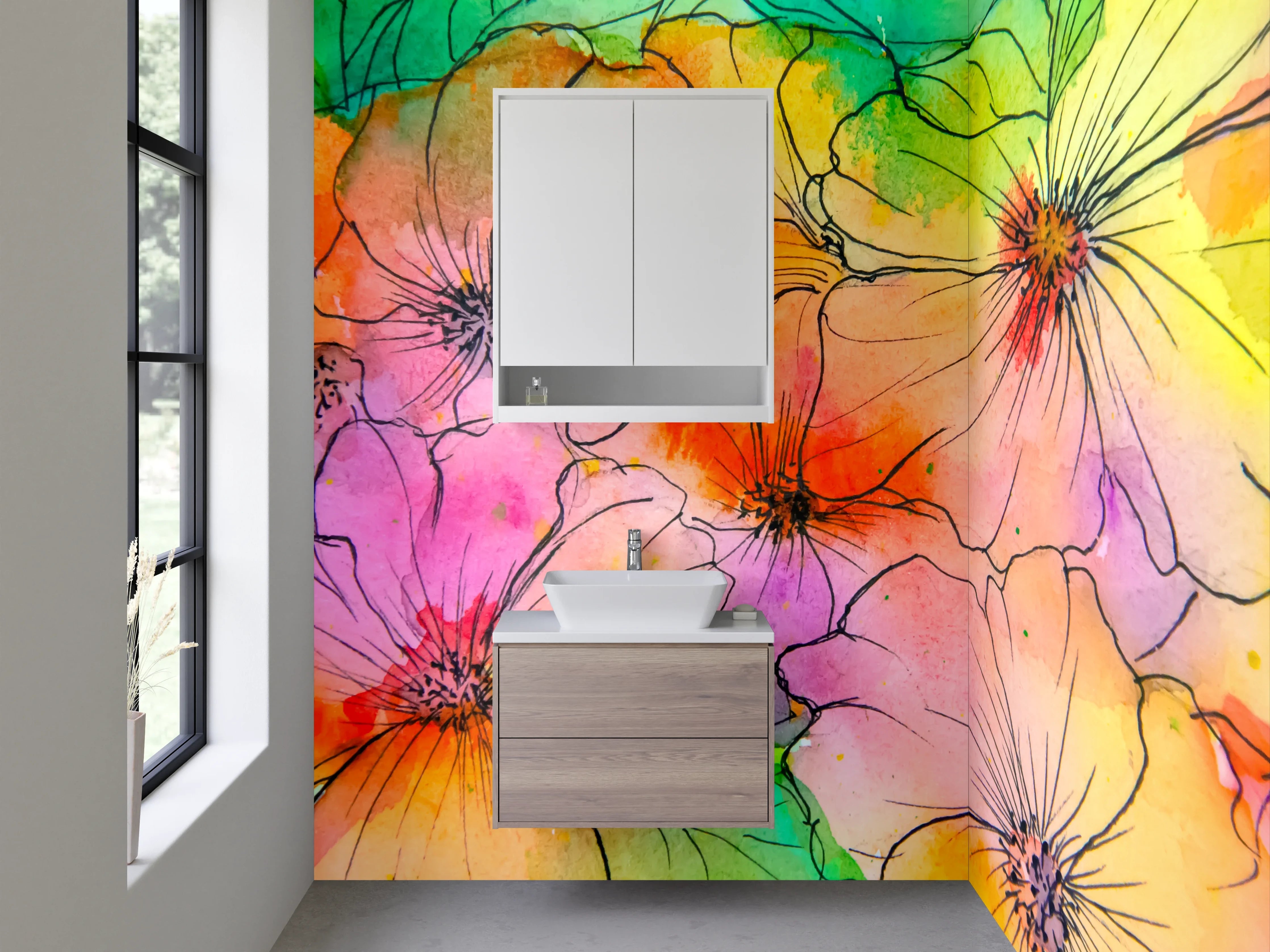 Waschbecken-Rückwand - Aquarell Blumen Lineart Bunt