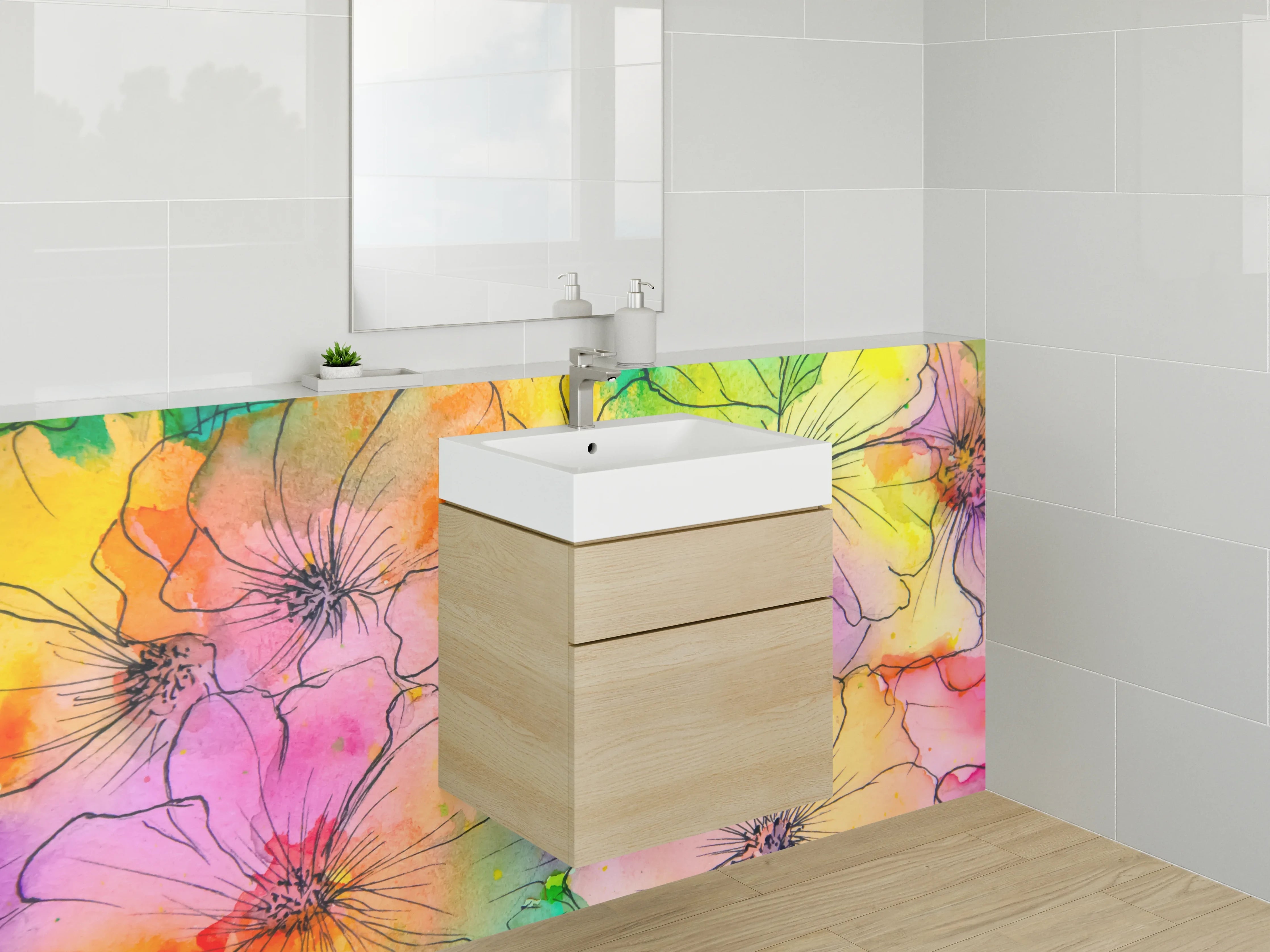 Waschbecken-Rückwand - Aquarell Blumen Lineart Bunt