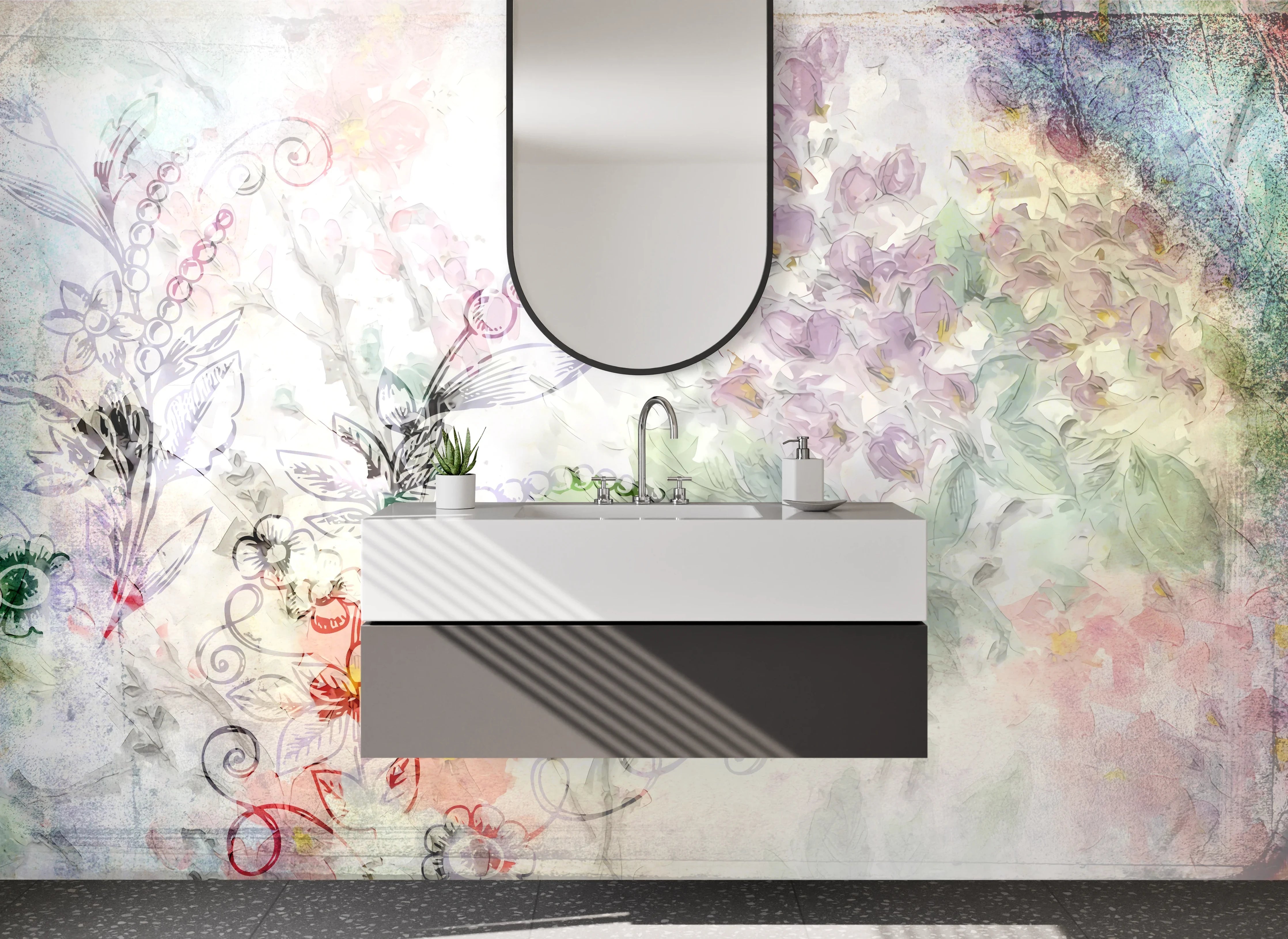 Waschbecken-Rückwand - Aquarell Blumen Lineart Design