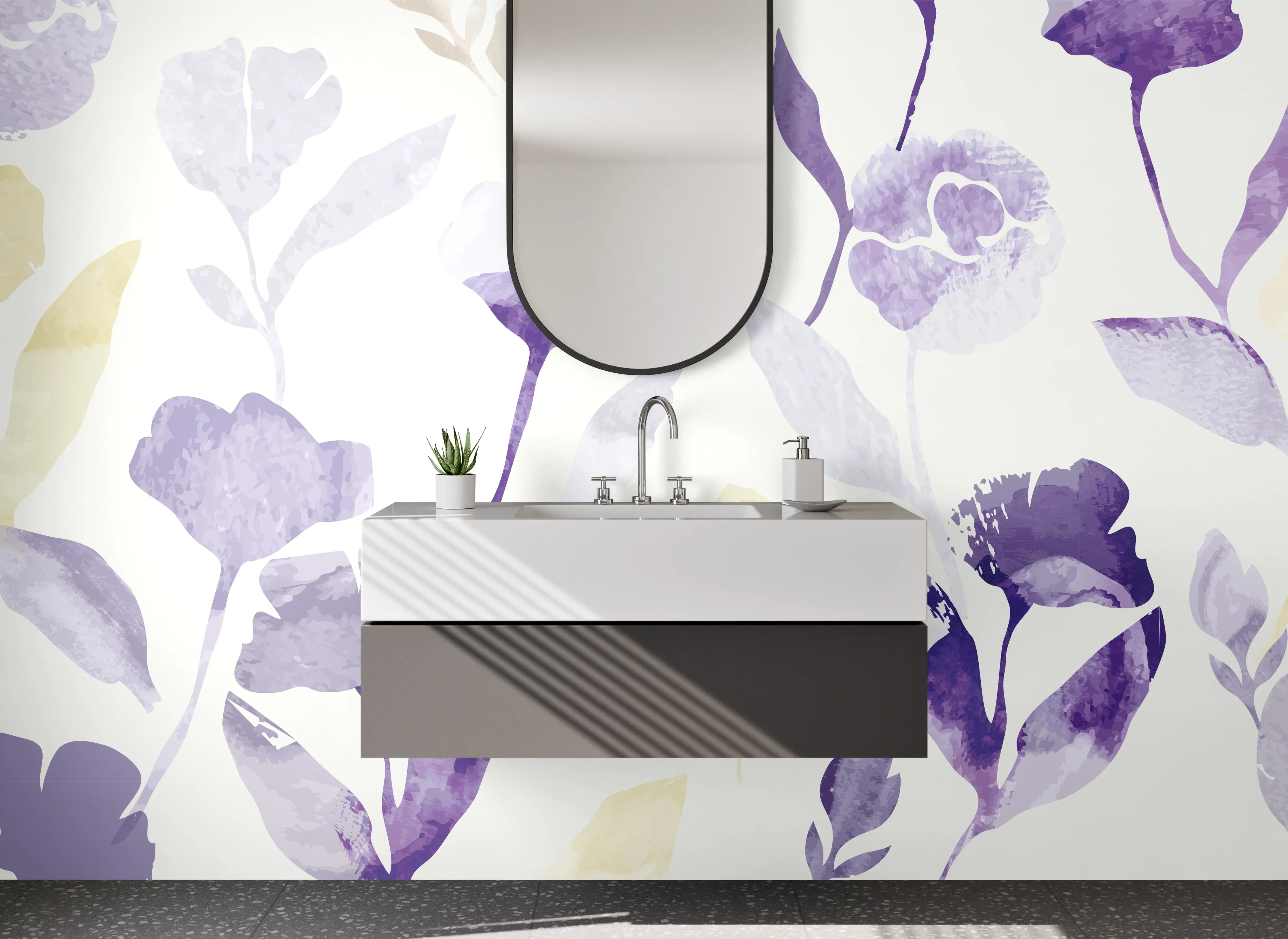 Waschbecken-Rückwand - Aquarell Blumen Pastell Lila Beige