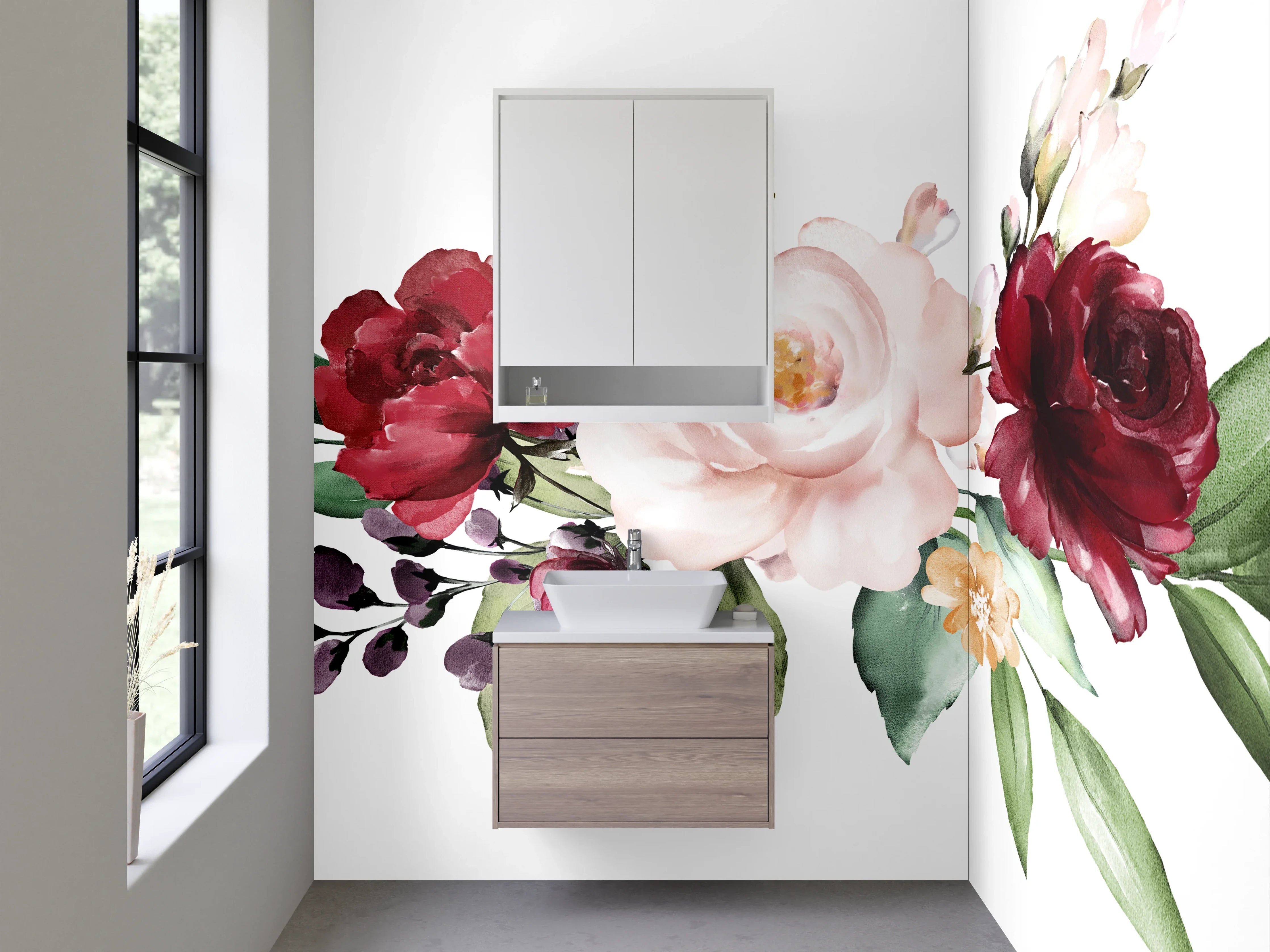 Waschbecken-Rückwand - Aquarell Blumen Rosa Rot Grün