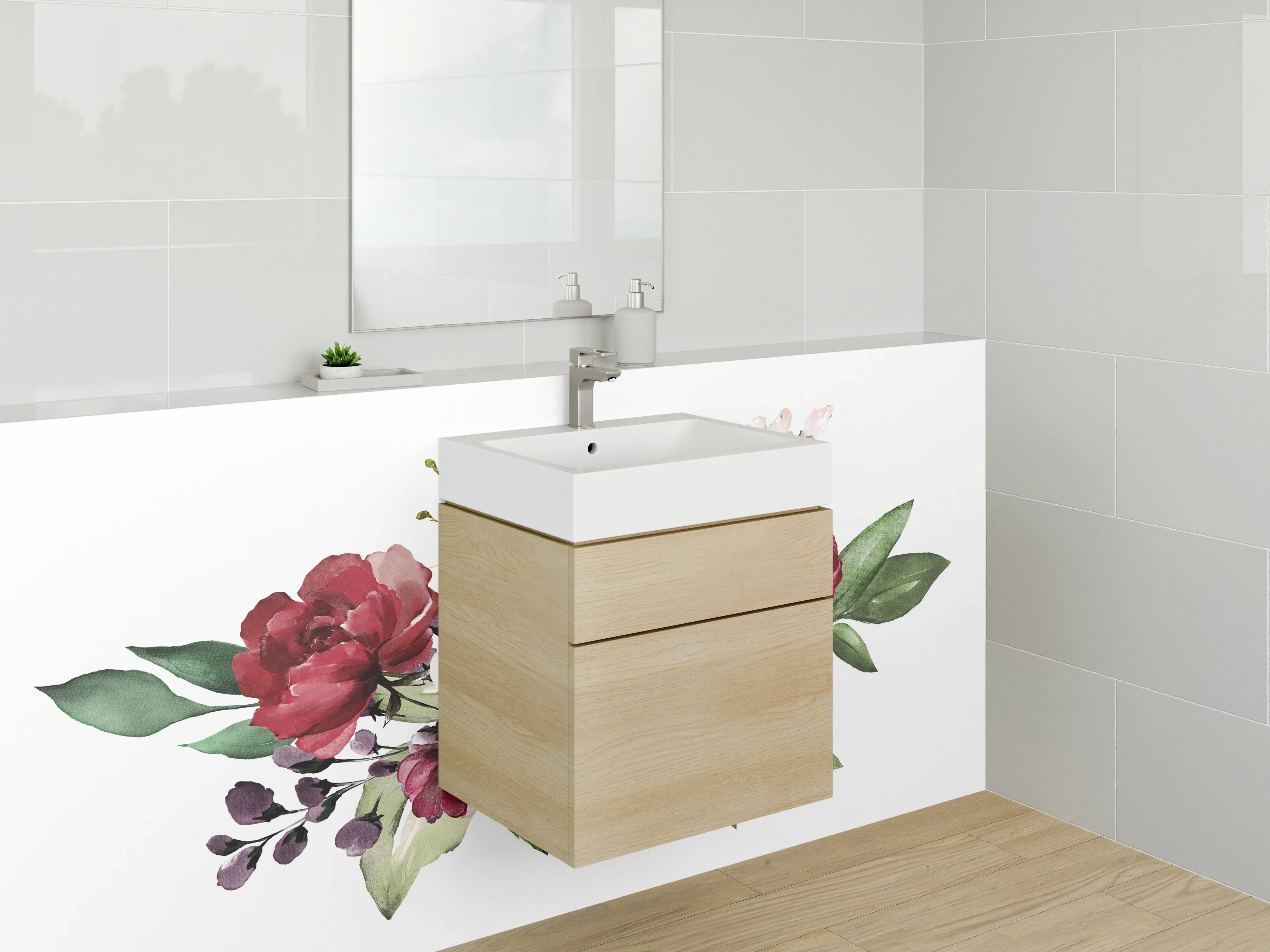 Waschbecken-Rückwand - Aquarell Blumen Rosa Rot Grün