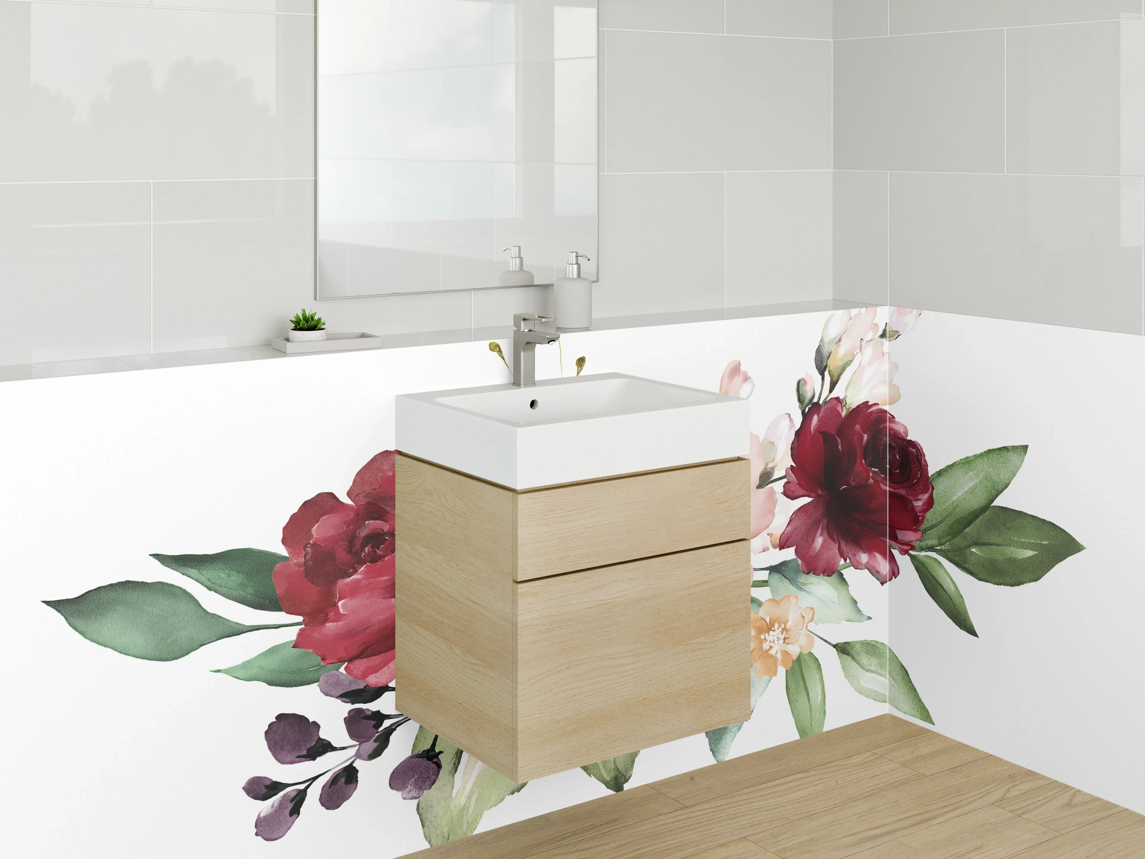 Waschbecken-Rückwand - Aquarell Blumen Rosa Rot Grün
