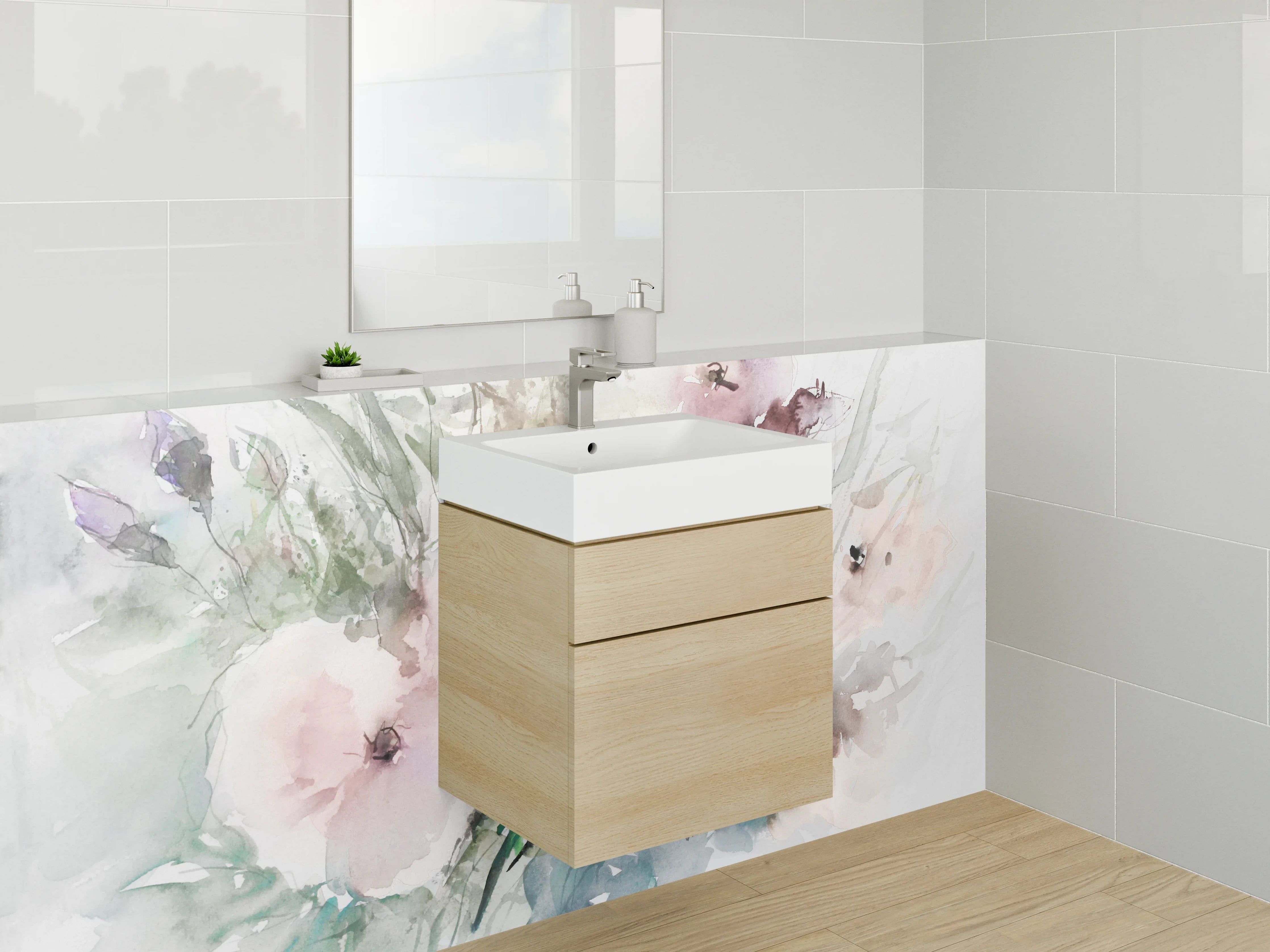 Waschbecken-Rückwand - Aquarell Blumen Rosa Weiß