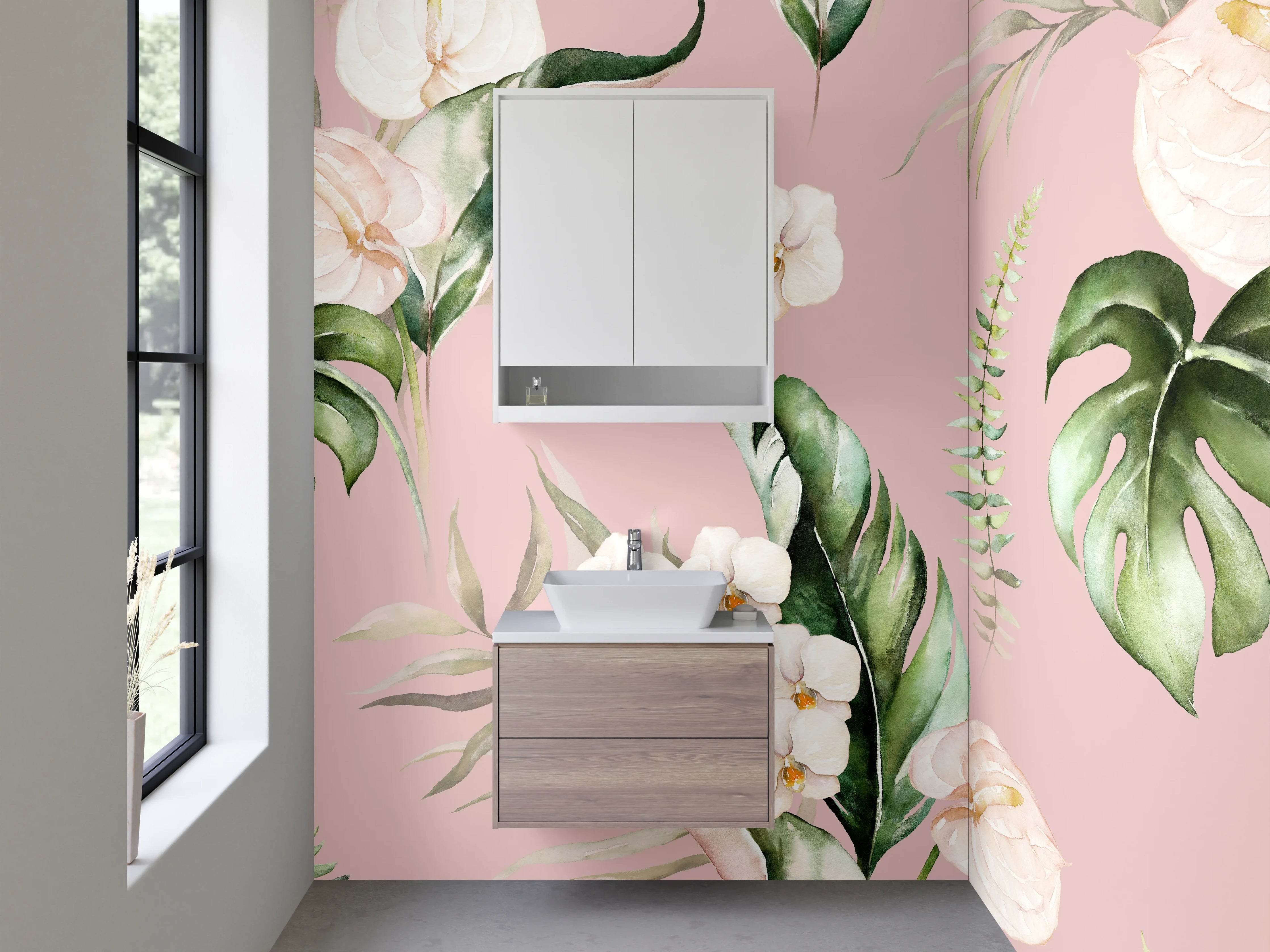 Waschbecken-Rückwand - Aquarell Blumen Tropisch Rosa