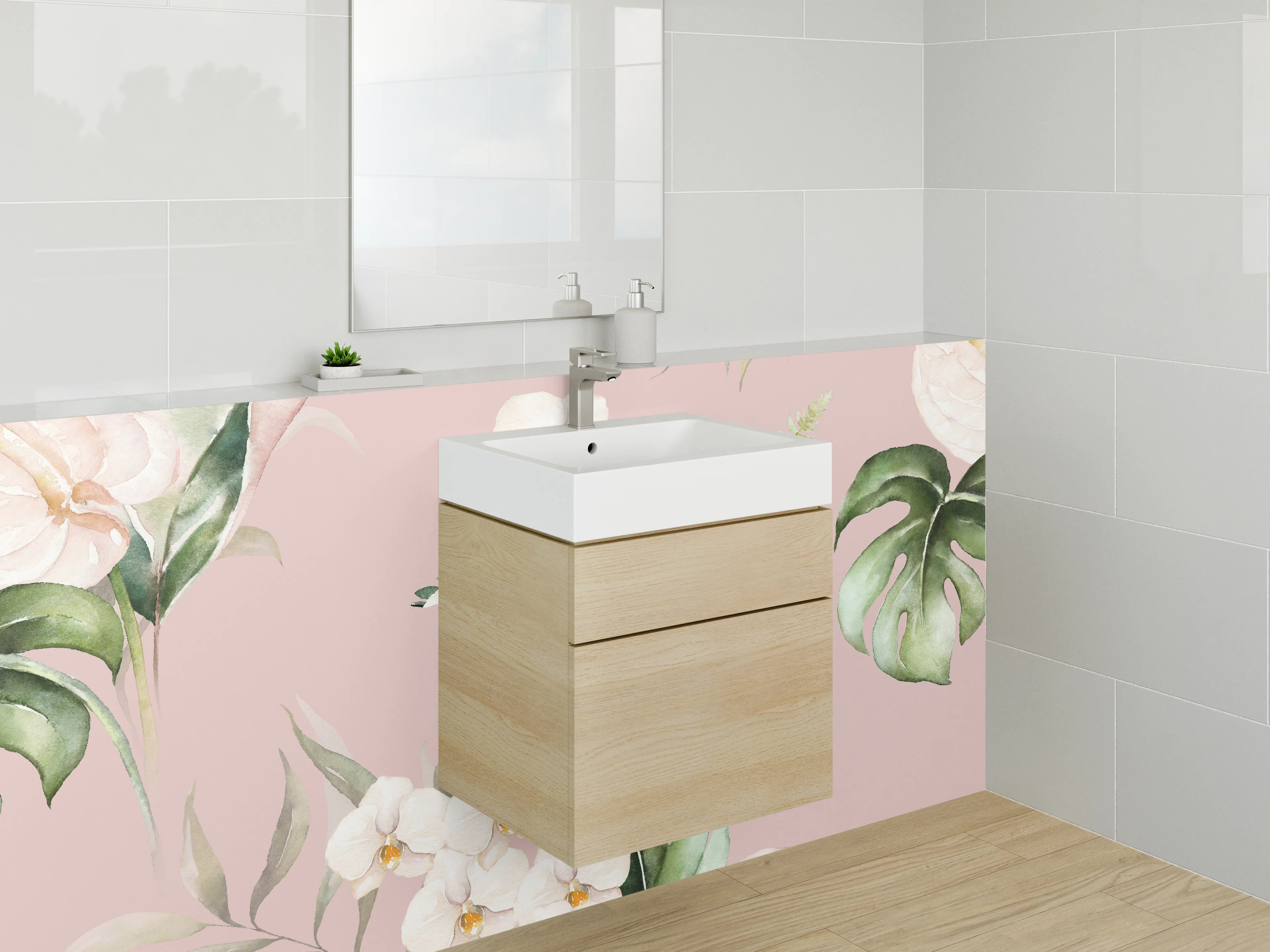 Waschbecken-Rückwand - Aquarell Blumen Tropisch Rosa