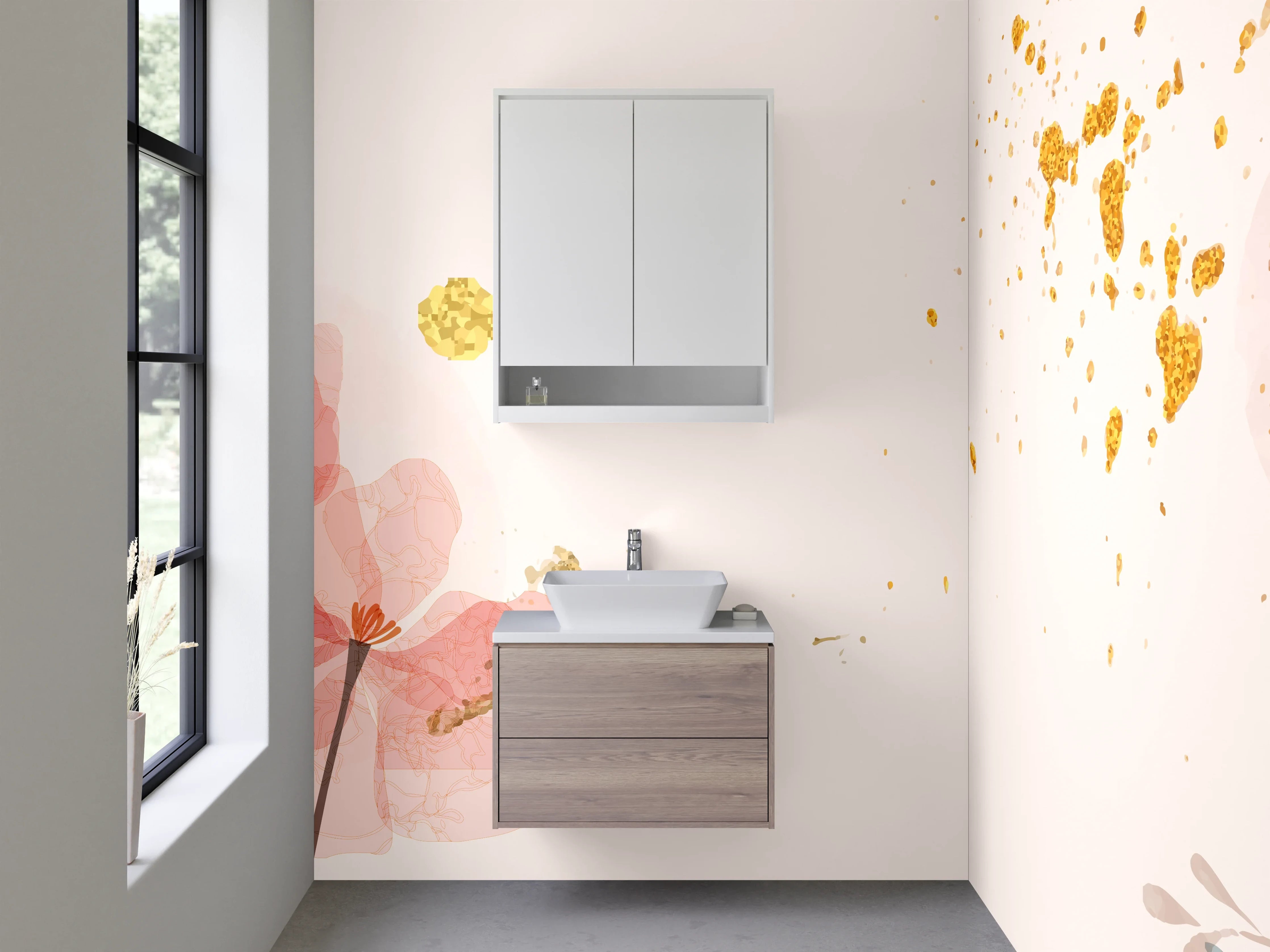 Waschbecken-Rückwand - Aquarell Blumen & Goldspritzer Kunst