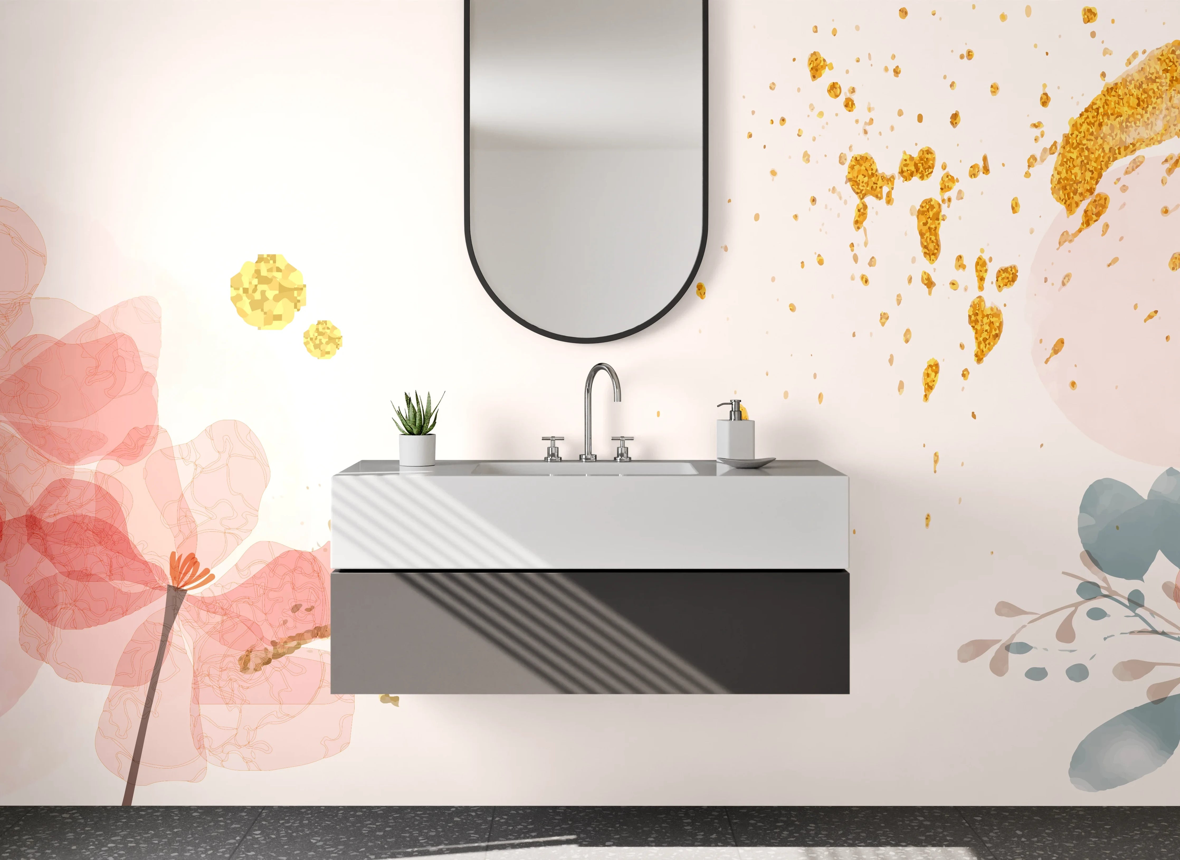 Waschbecken-Rückwand - Aquarell Blumen & Goldspritzer Kunst