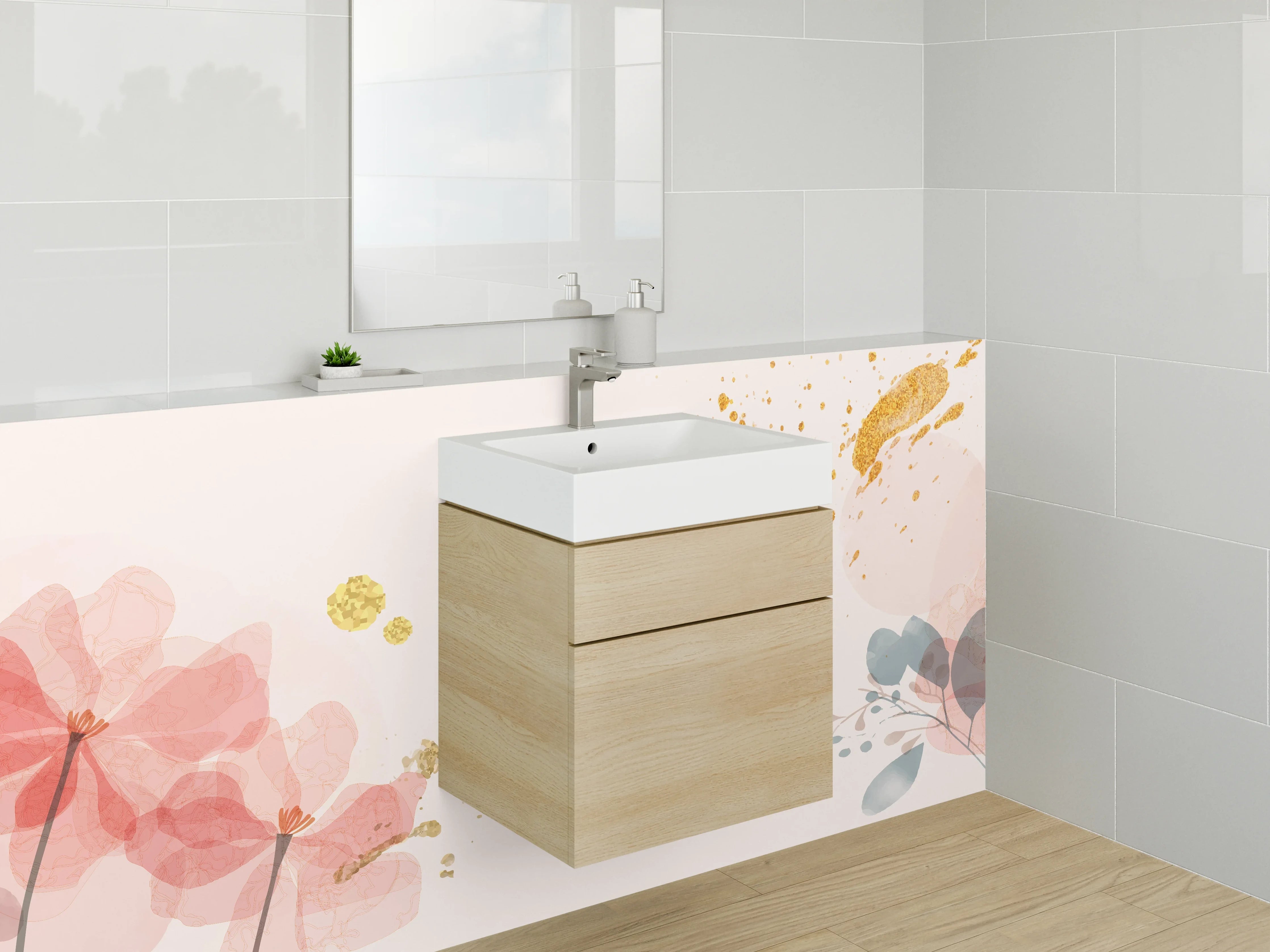Waschbecken-Rückwand - Aquarell Blumen & Goldspritzer Kunst