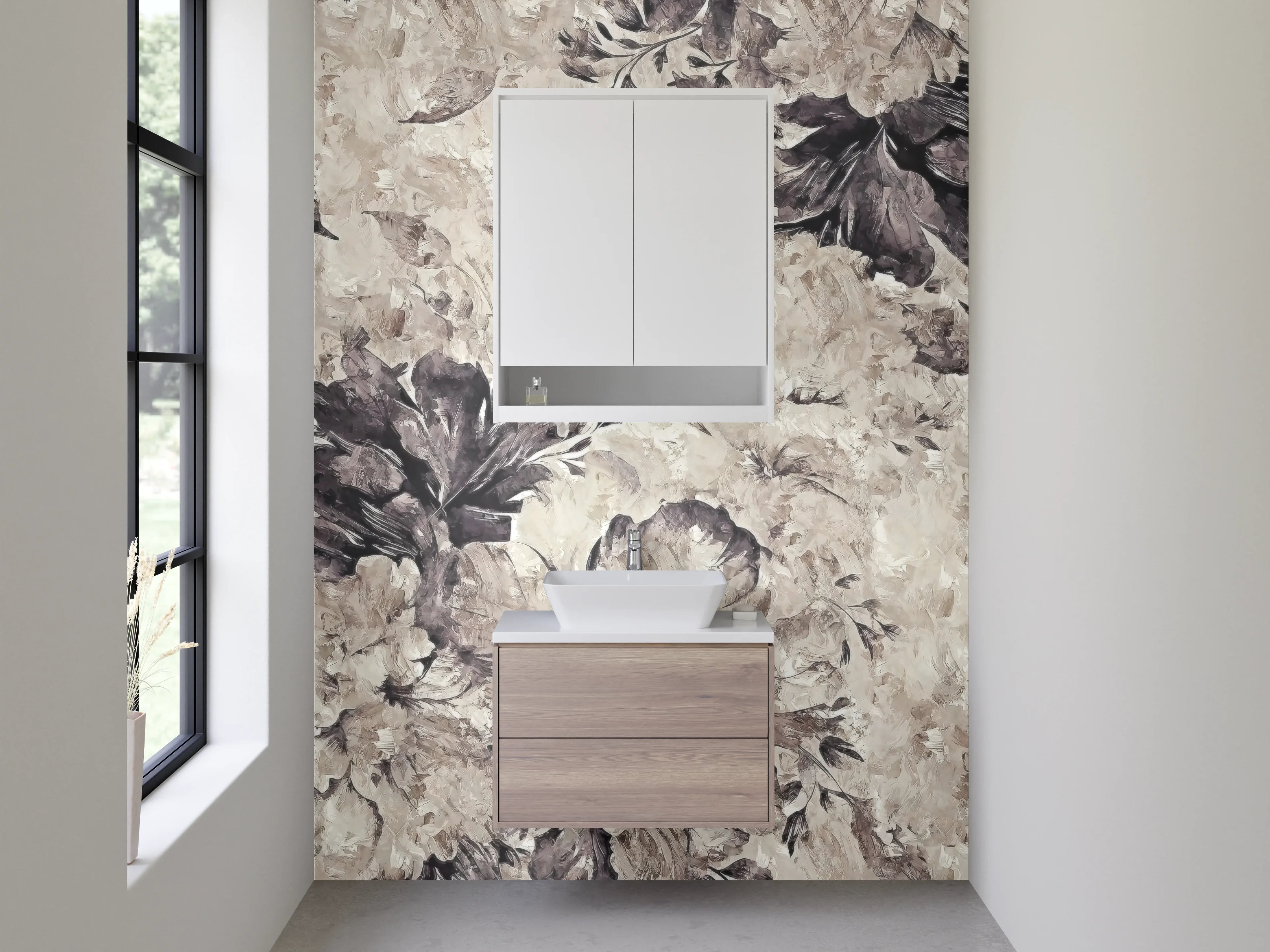 Waschbecken-Rückwand - Aquarell Blumen in Beige-Grau