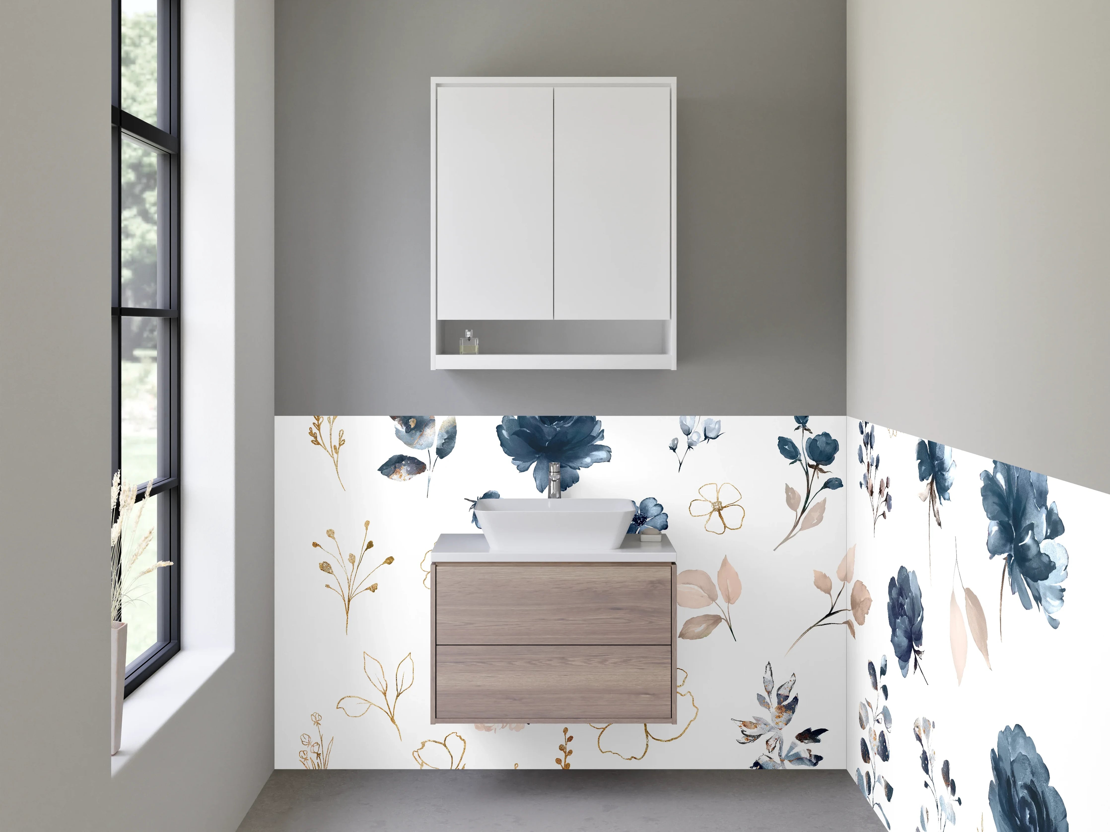Waschbecken-Rückwand - Aquarell Blumen in Blau und Beige