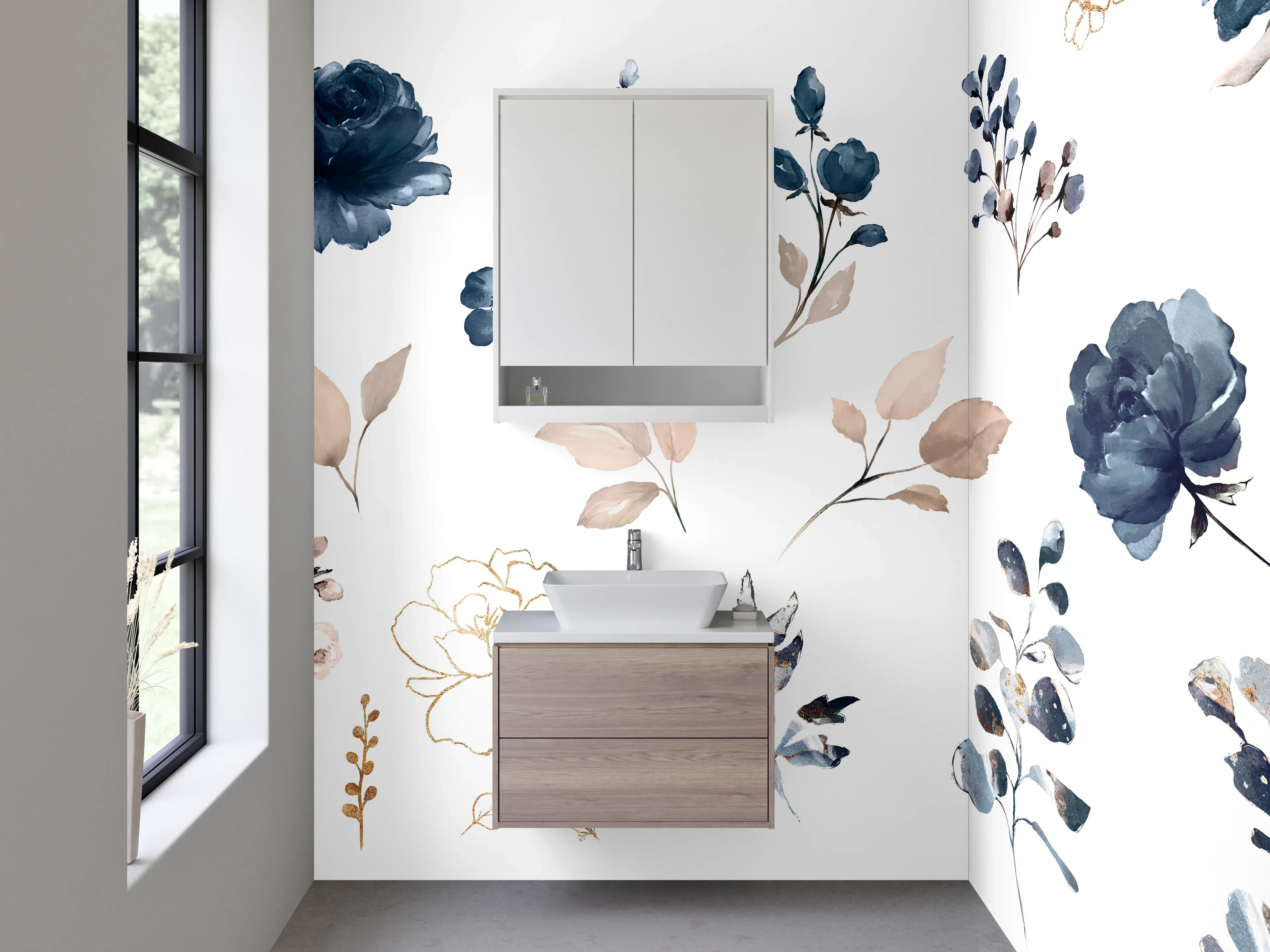 Waschbecken-Rückwand - Aquarell Blumen in Blau und Beige