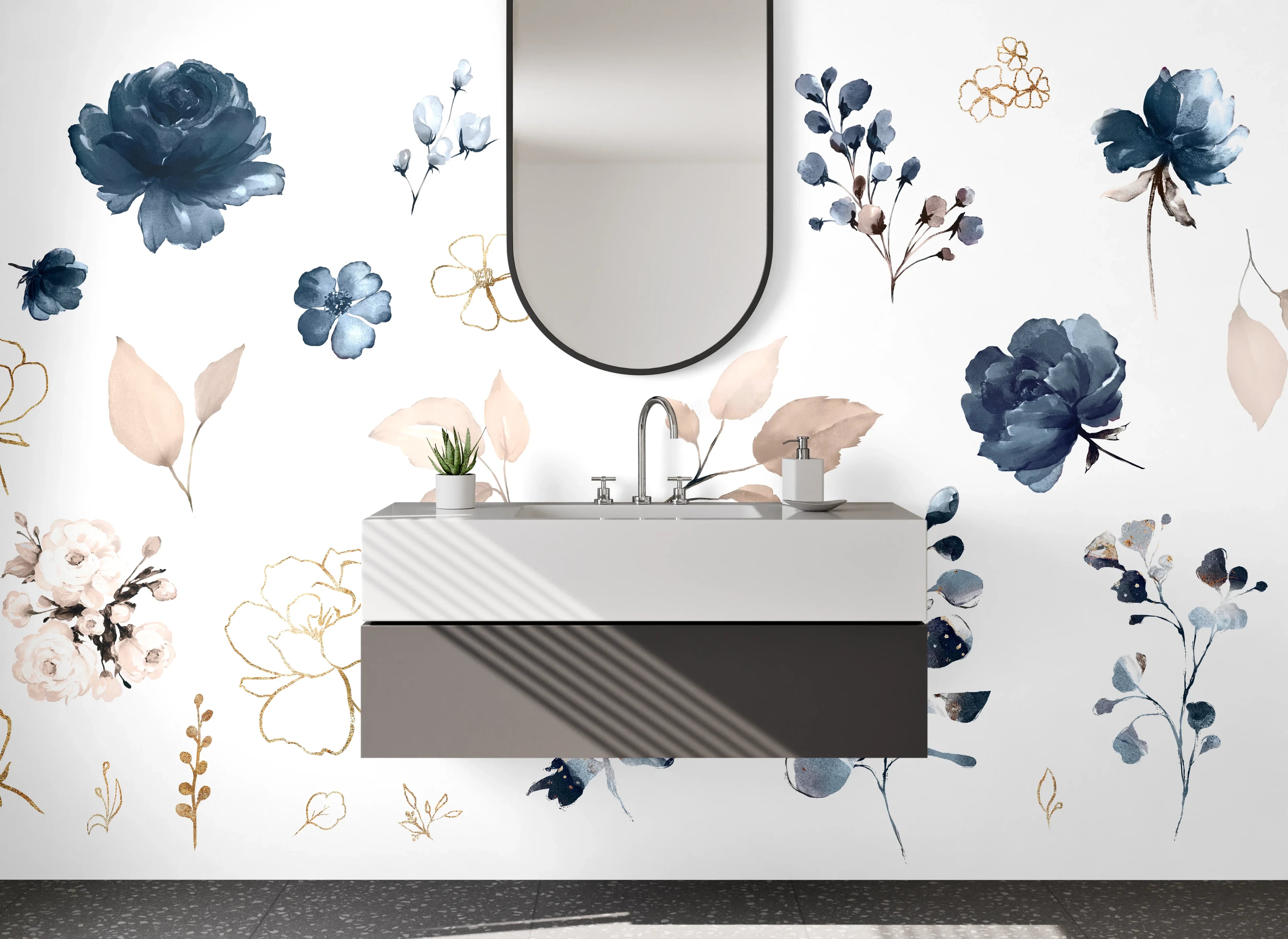Waschbecken-Rückwand - Aquarell Blumen in Blau und Beige