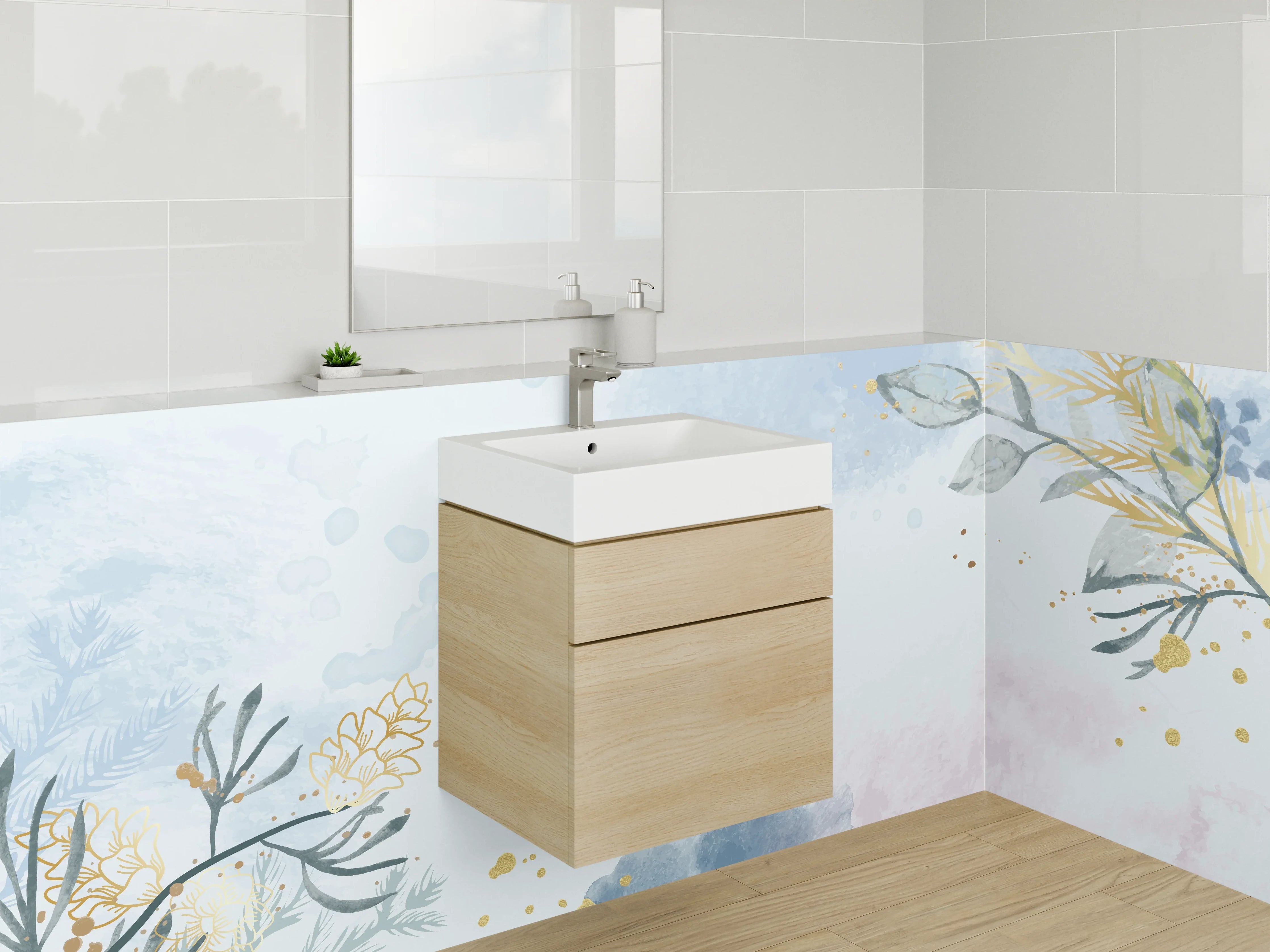 Waschbecken-Rückwand - Aquarell Blumen und Blätter Dekor
