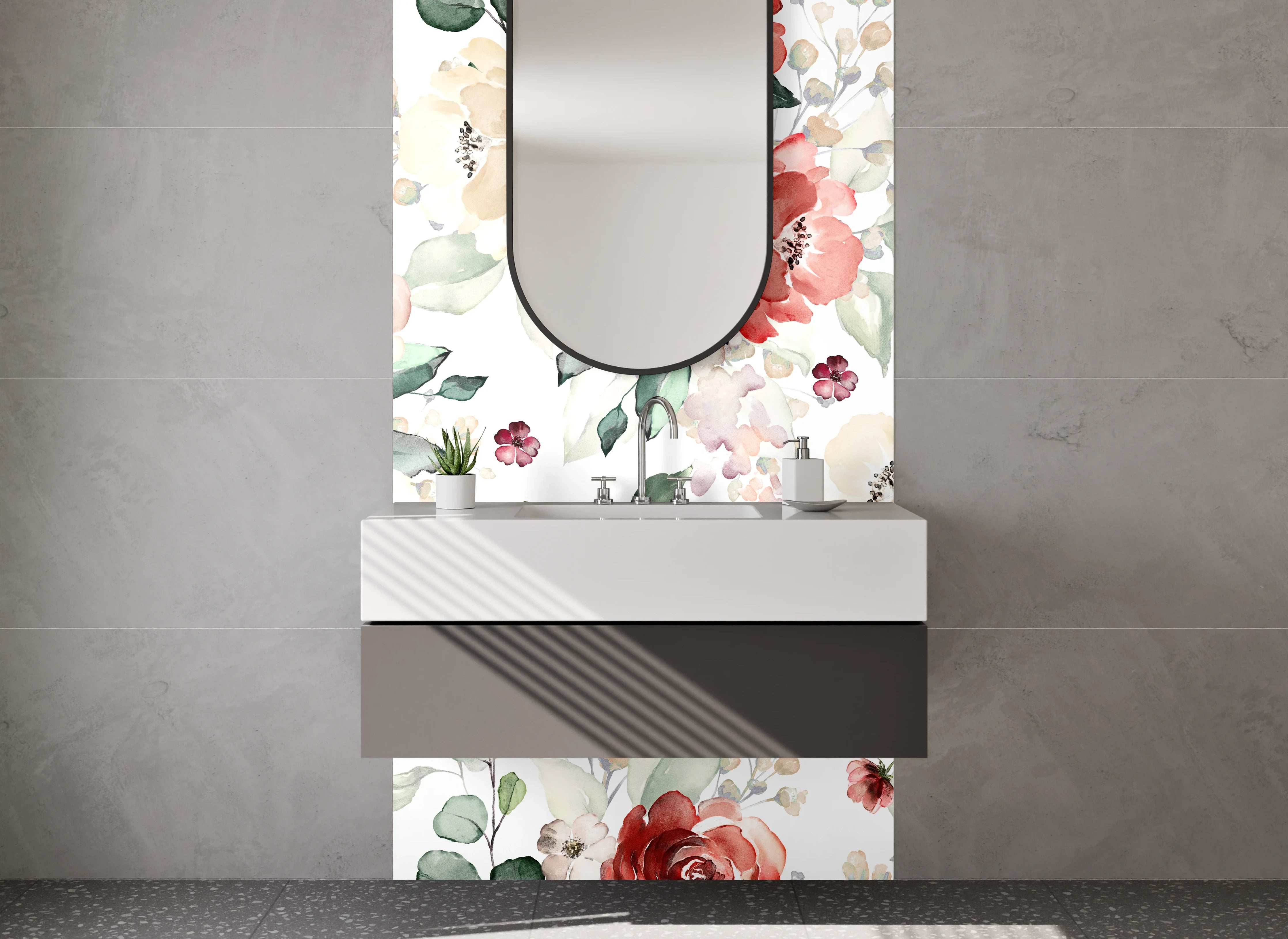 Waschbecken-Rückwand - Aquarell Blumenmuster Rosa Beige