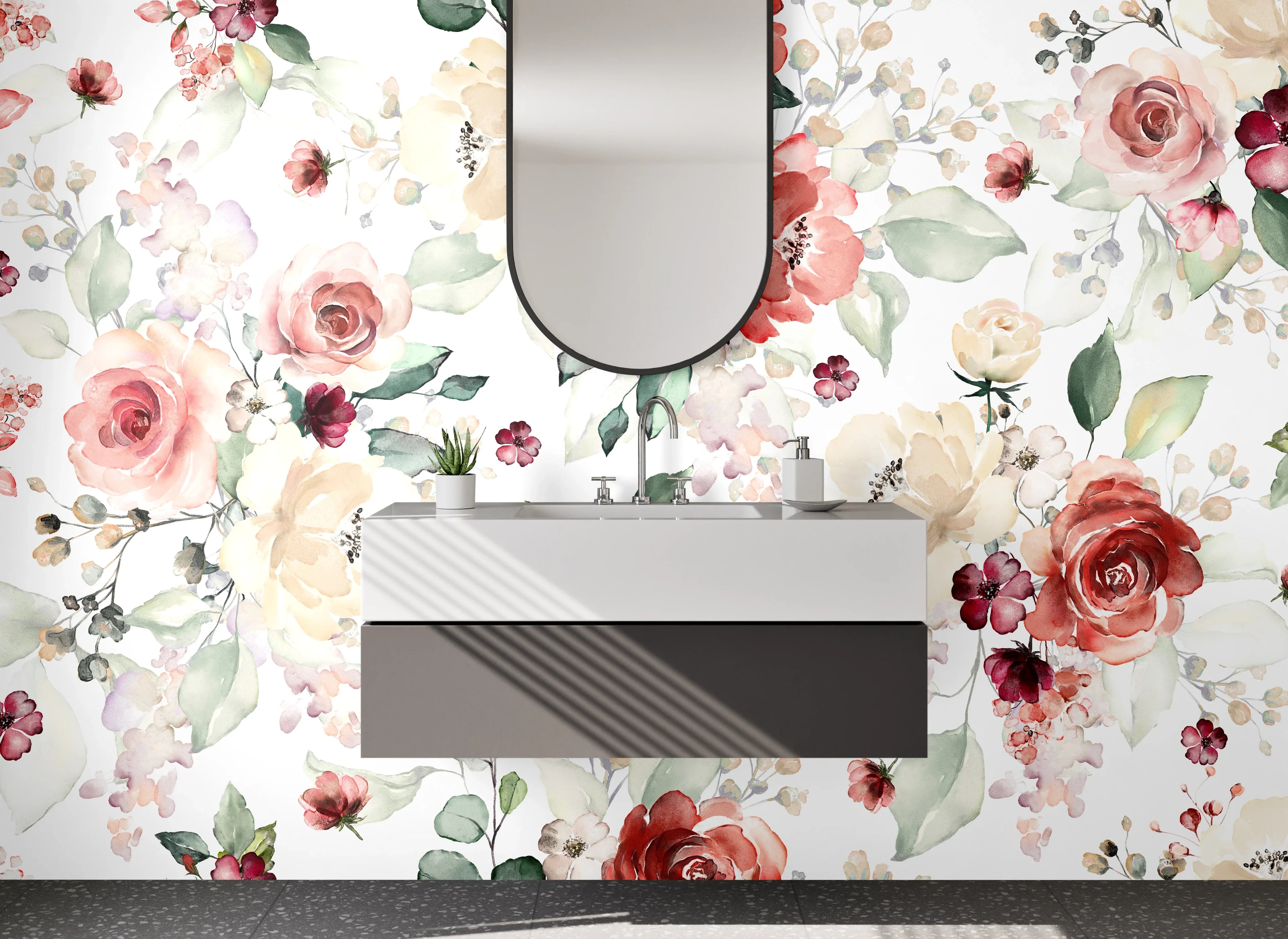 Waschbecken-Rückwand - Aquarell Blumenmuster Rosa Beige