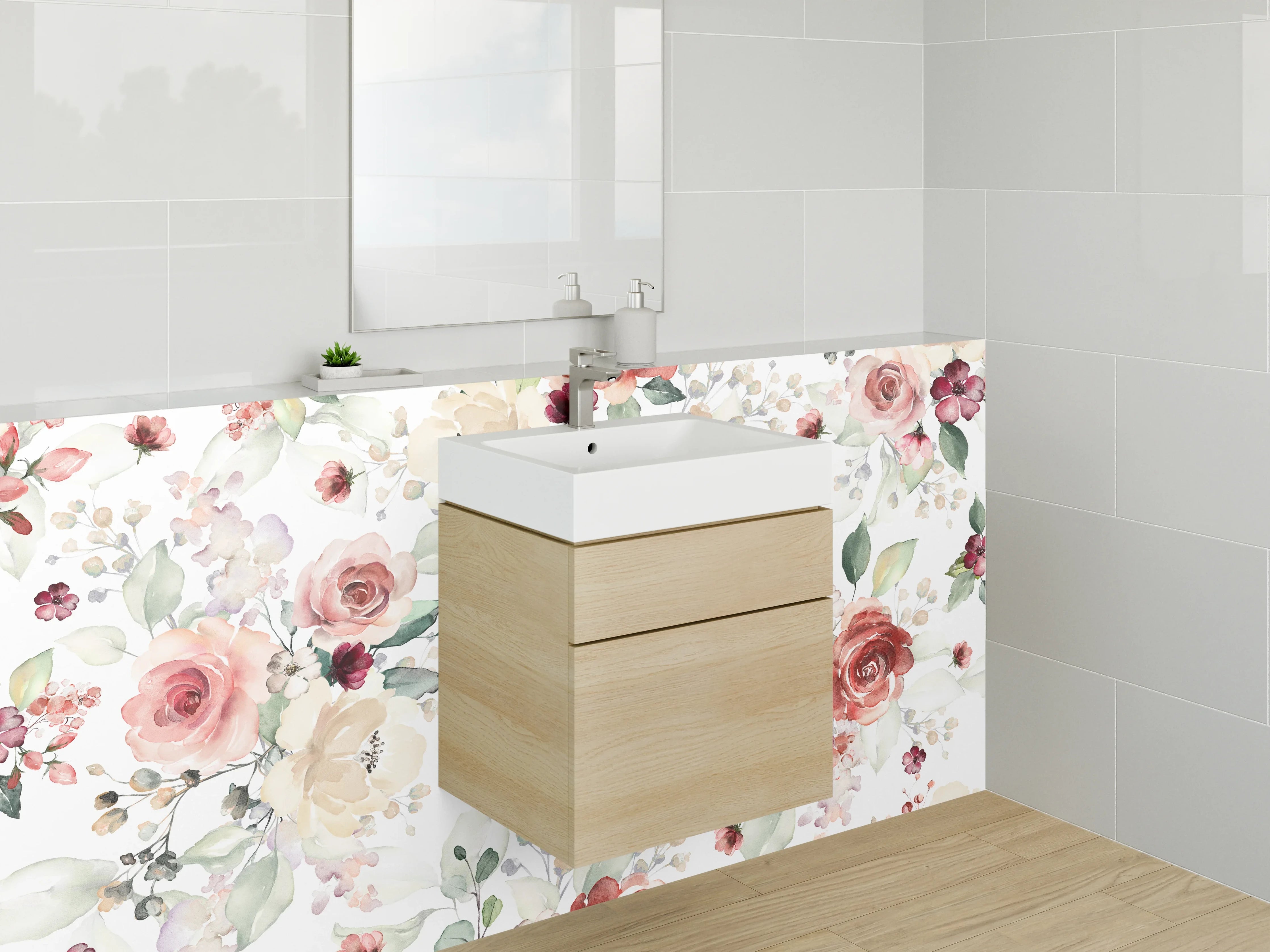 Waschbecken-Rückwand - Aquarell Blumenmuster Rosa Beige