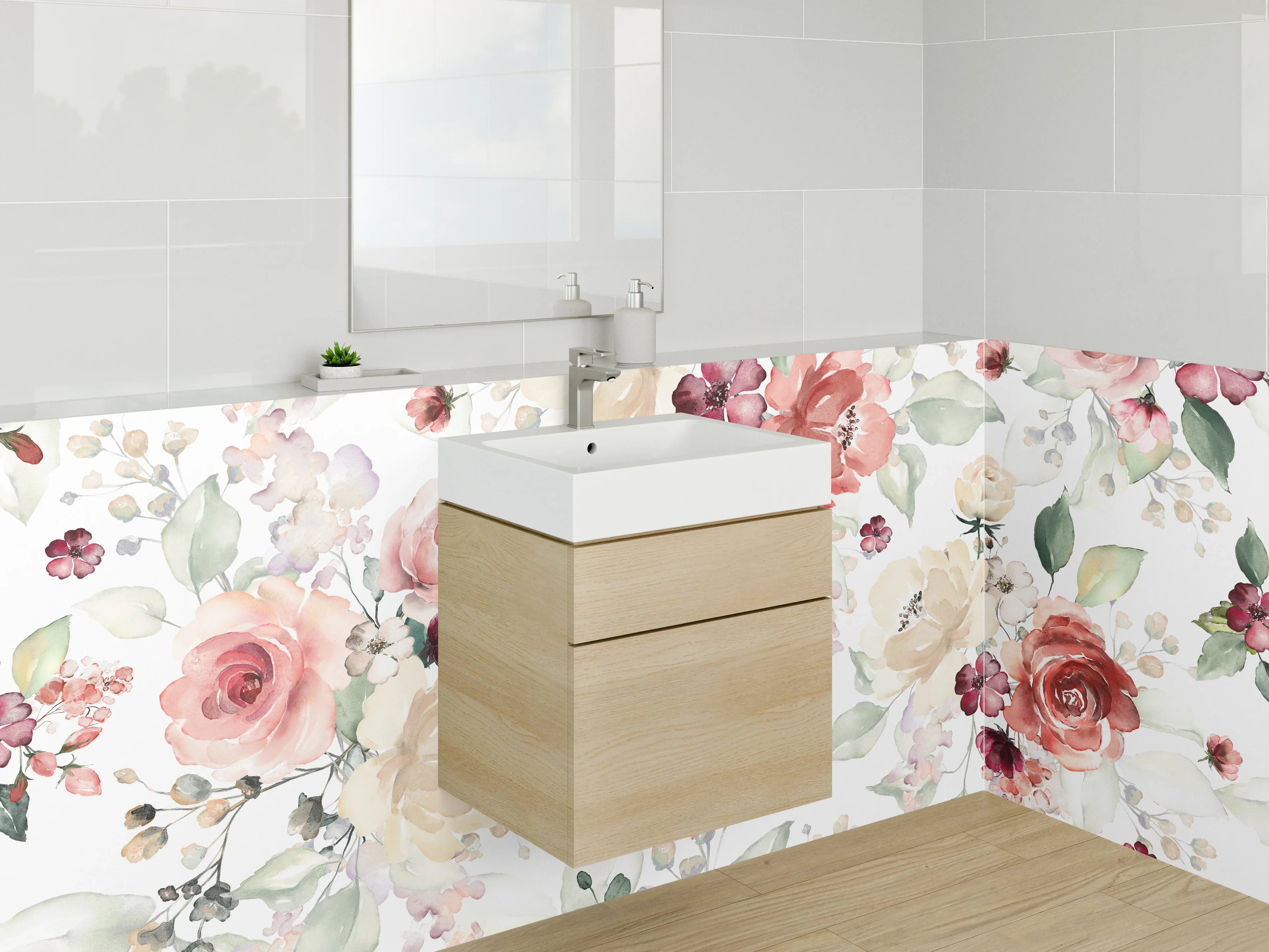 Waschbecken-Rückwand - Aquarell Blumenmuster Rosa Beige