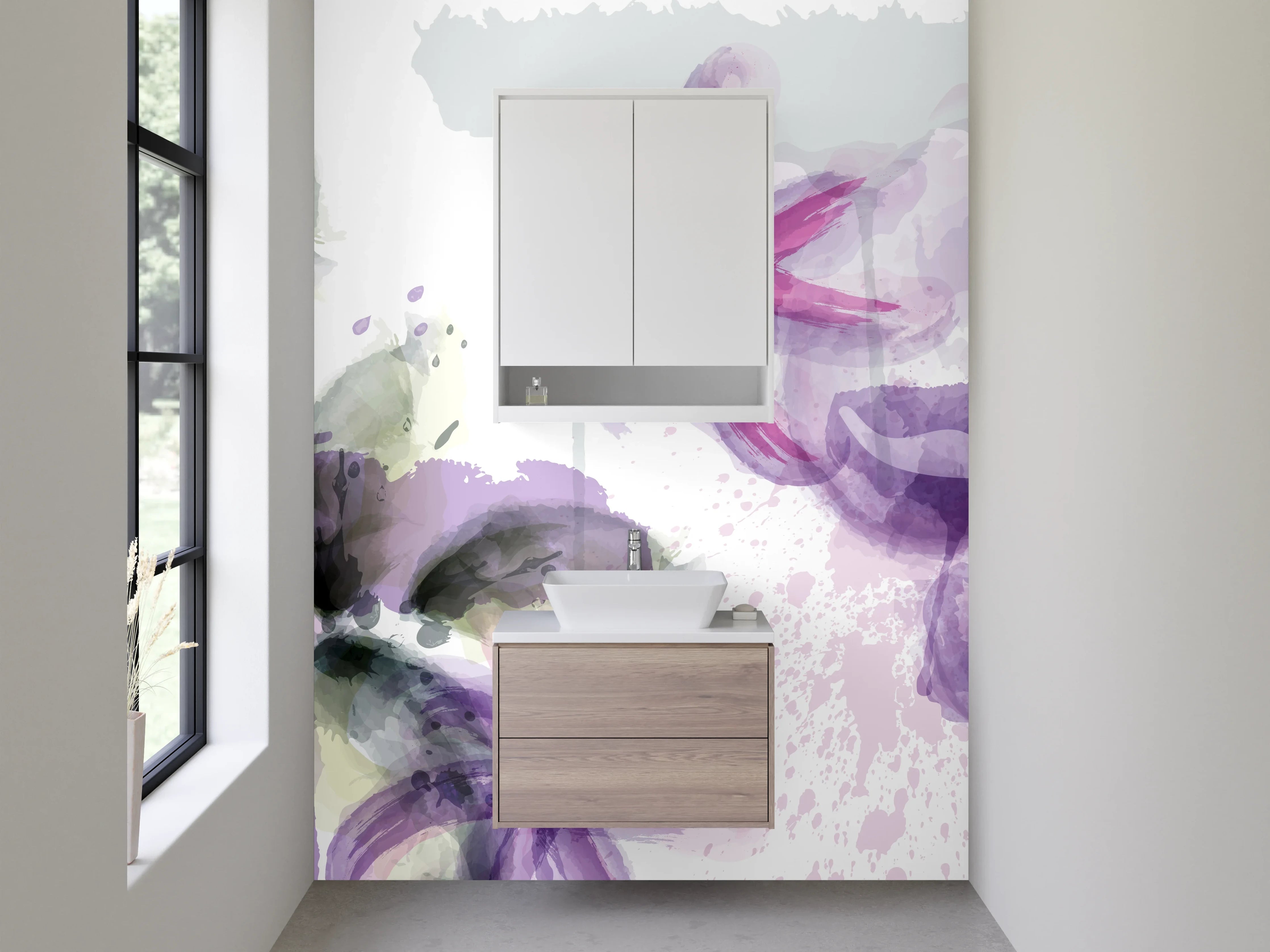 Waschbecken-Rückwand - Aquarell Blumenmuster in Lila und Grün