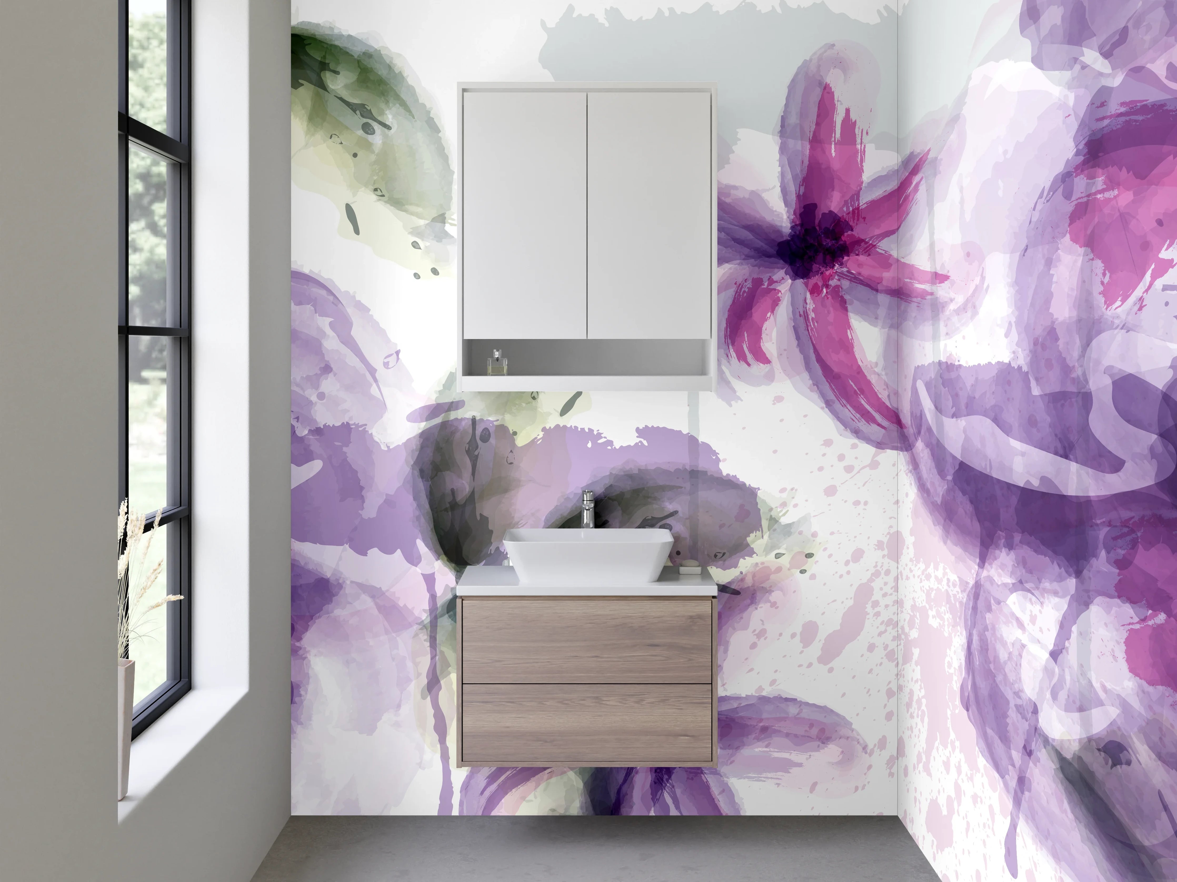 Waschbecken-Rückwand - Aquarell Blumenmuster in Lila und Grün