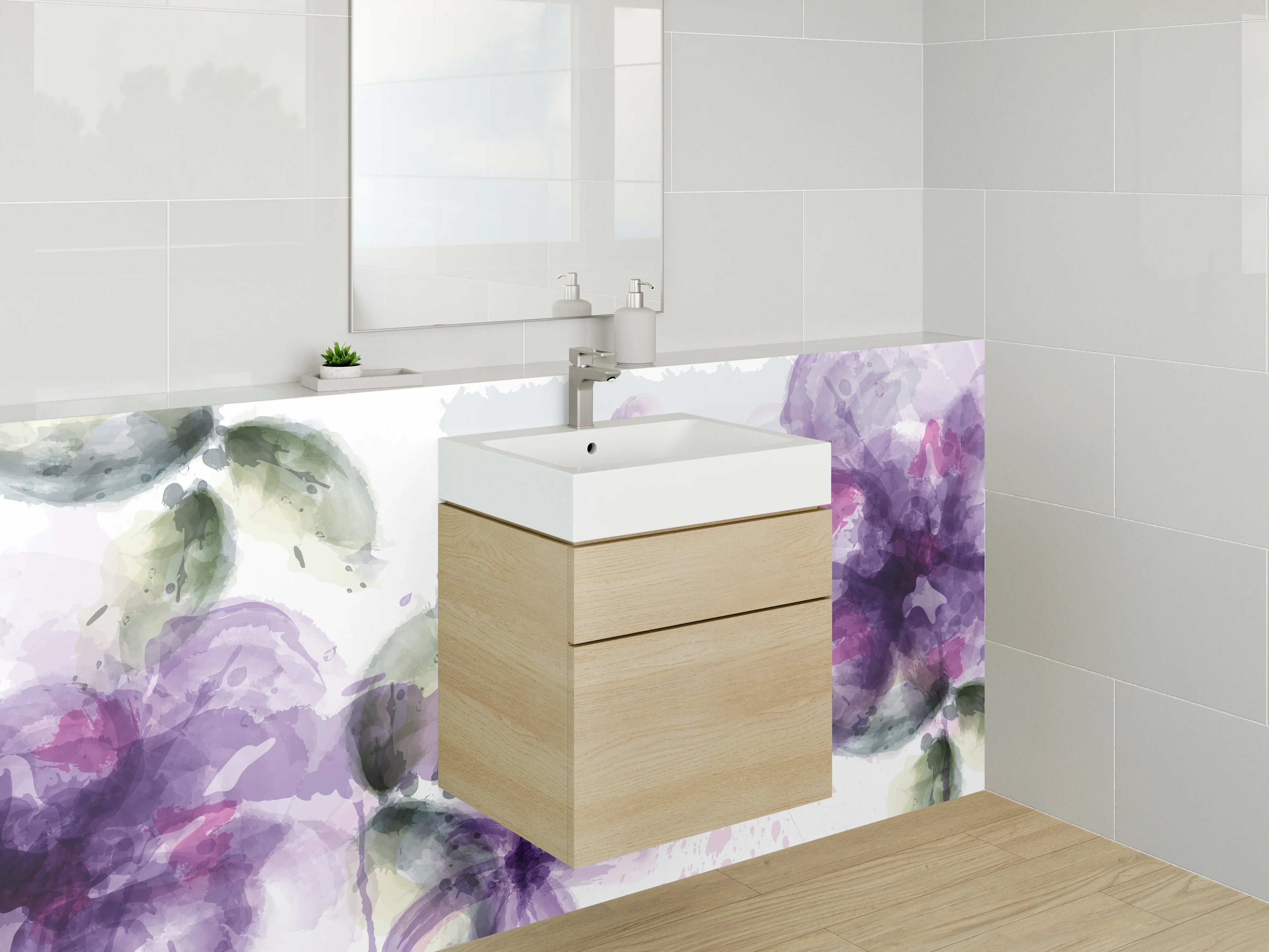 Waschbecken-Rückwand - Aquarell Blumenmuster in Lila und Grün