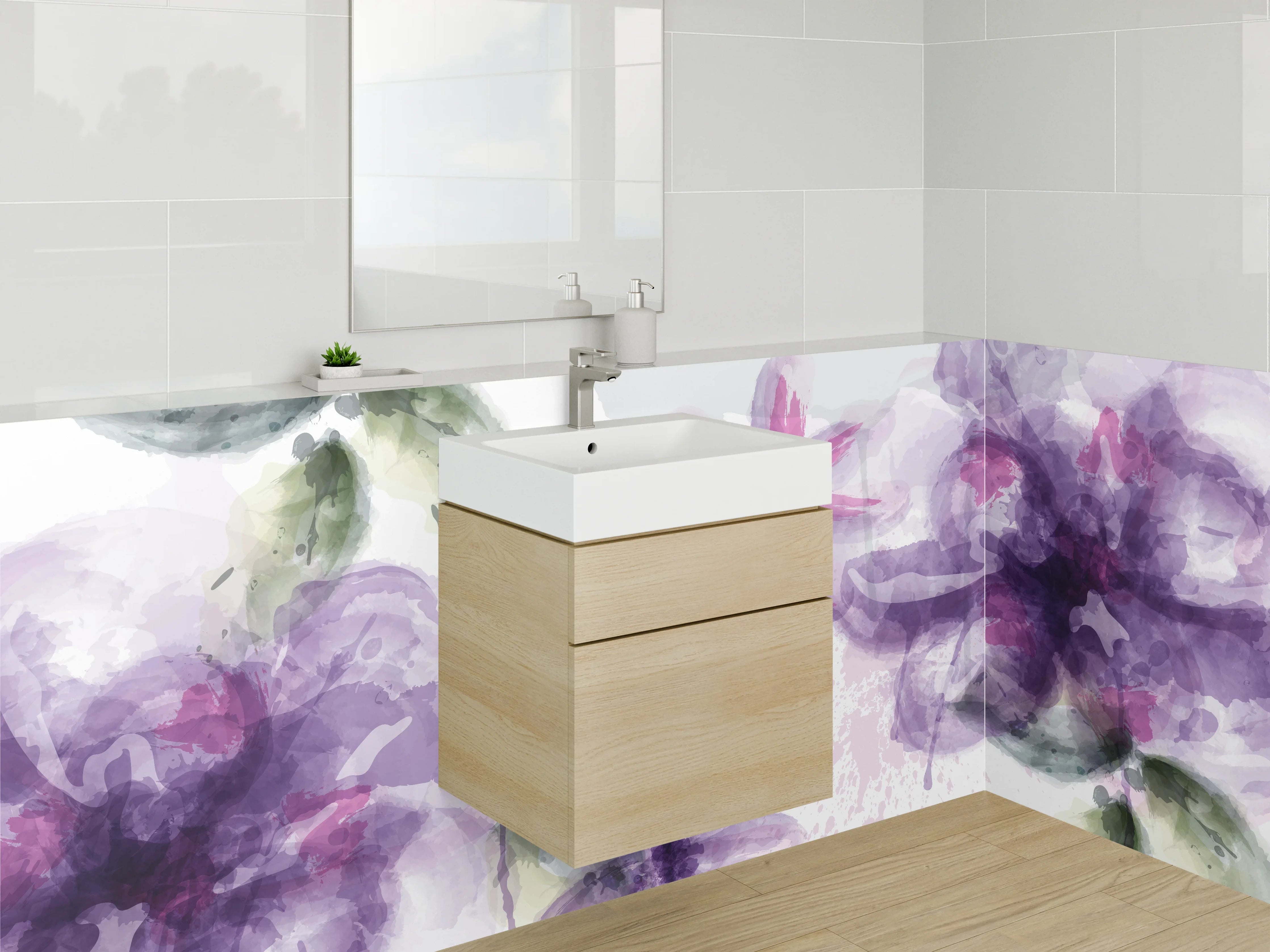 Waschbecken-Rückwand - Aquarell Blumenmuster in Lila und Grün