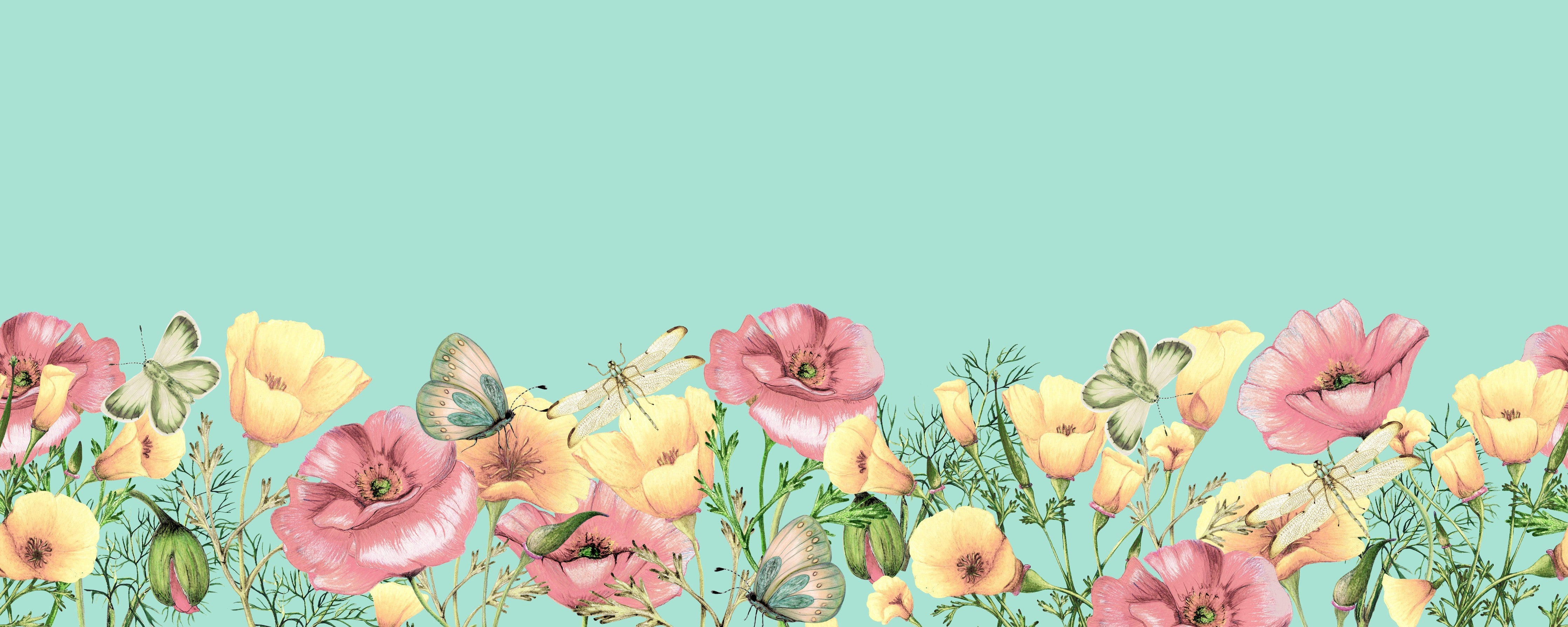 Waschbecken-Rückwand-Aquarell Blumenwiese mit Schmetterlingen