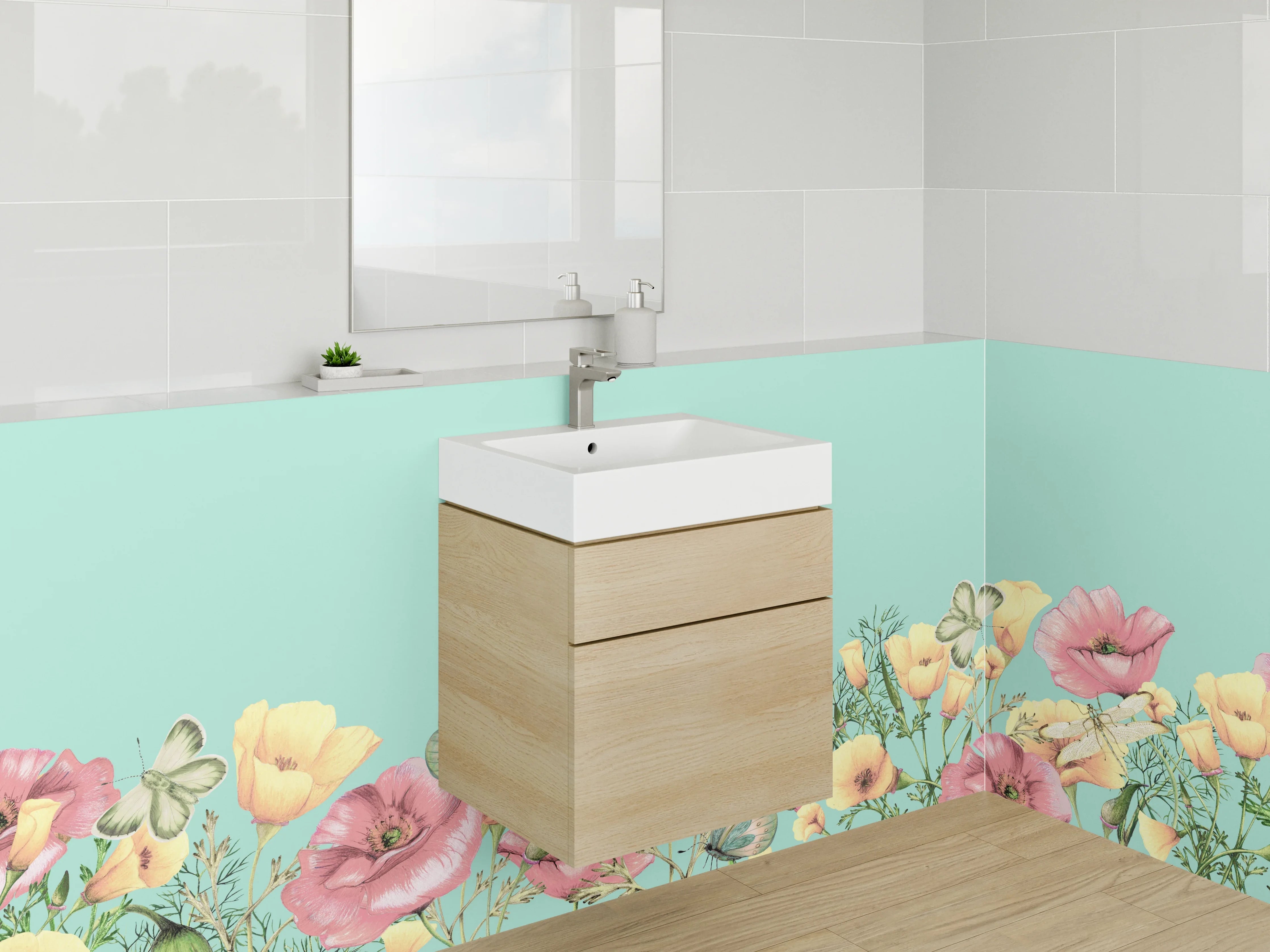 Waschbecken-Rückwand - Aquarell Blumenwiese mit Schmetterlingen