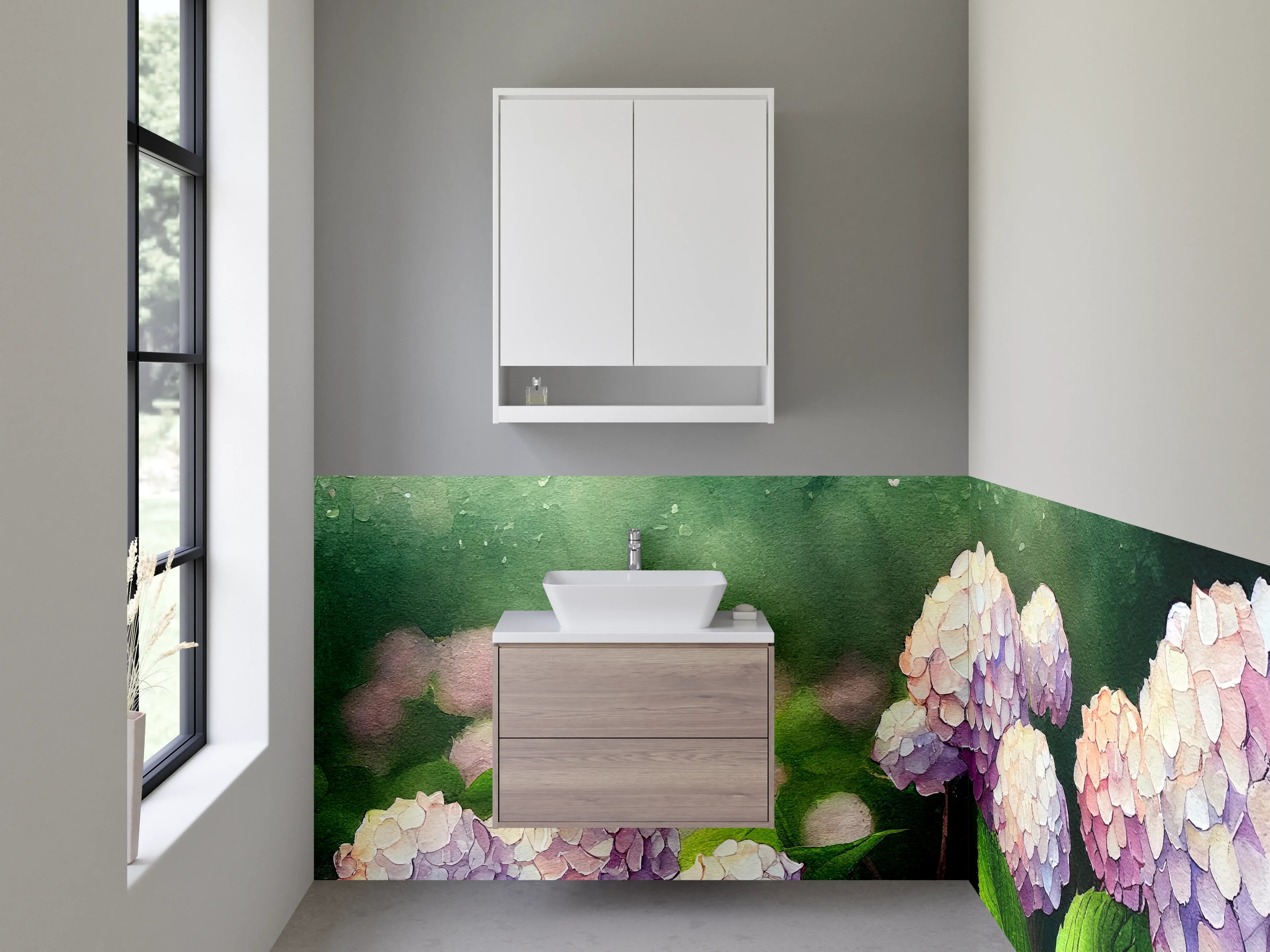 Waschbecken-Rückwand - Aquarell Hortensien Blumen Stilvoll