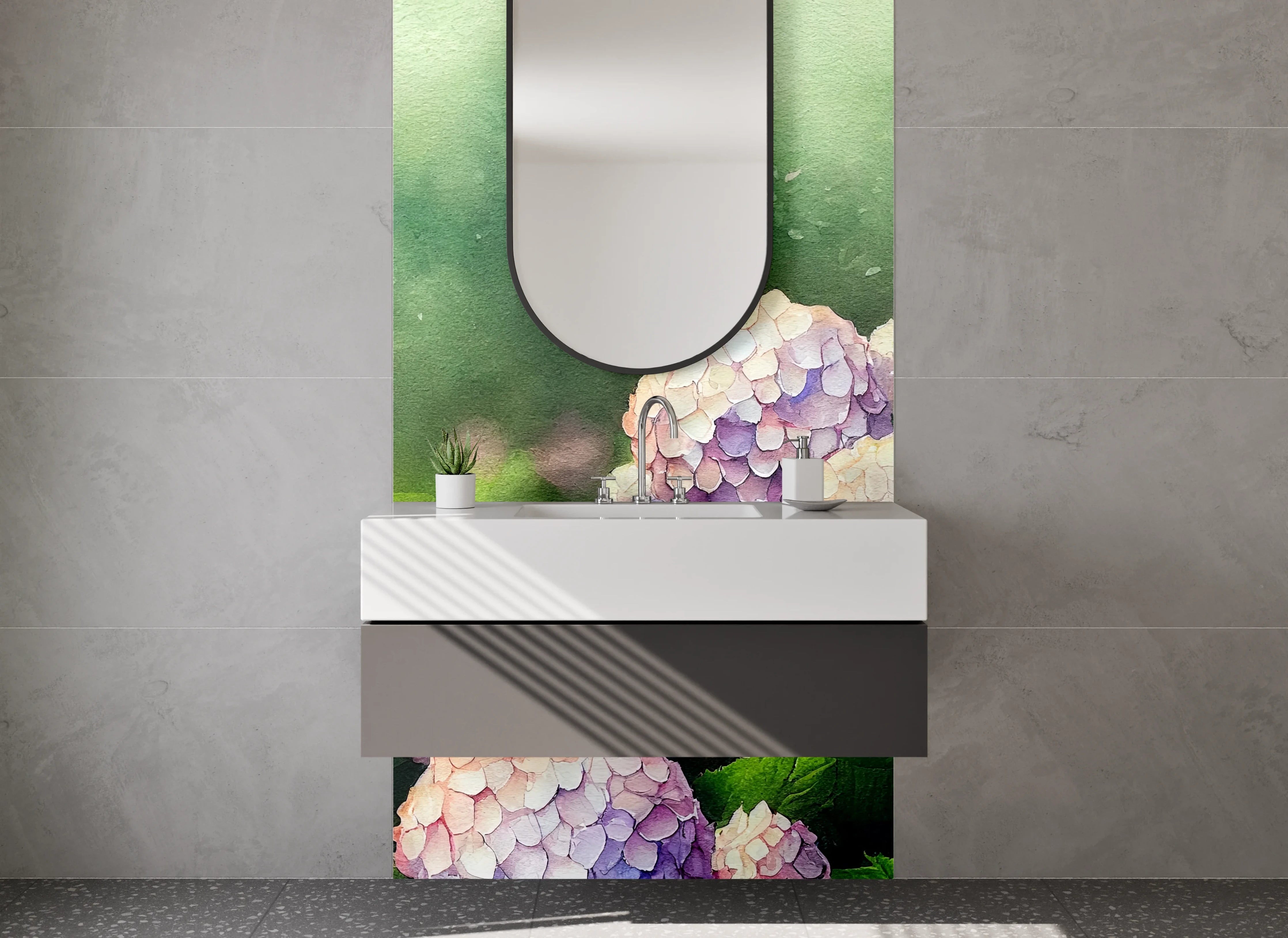 Waschbecken-Rückwand - Aquarell Hortensien Blumen Stilvoll
