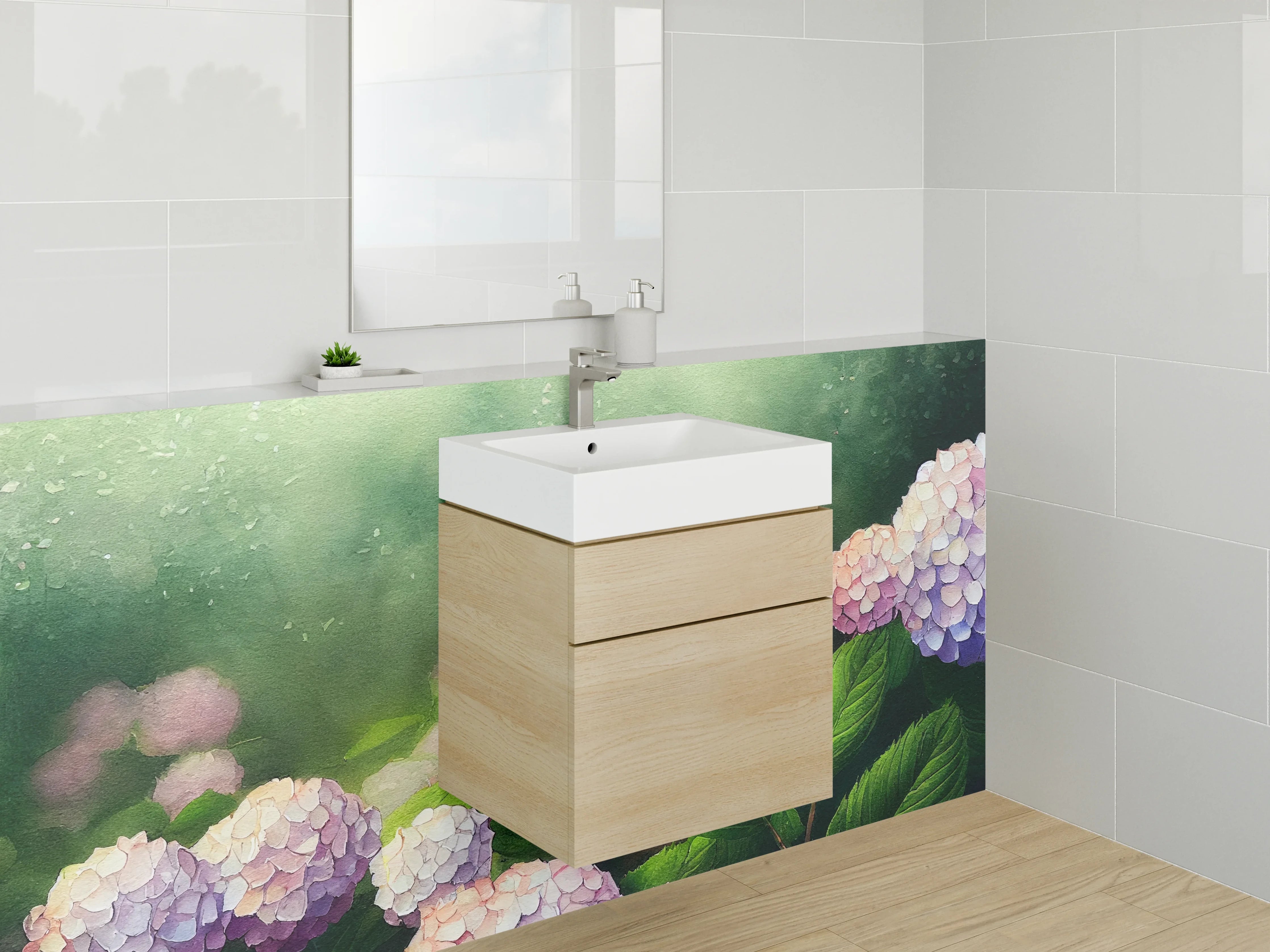 Waschbecken-Rückwand - Aquarell Hortensien Blumen Stilvoll